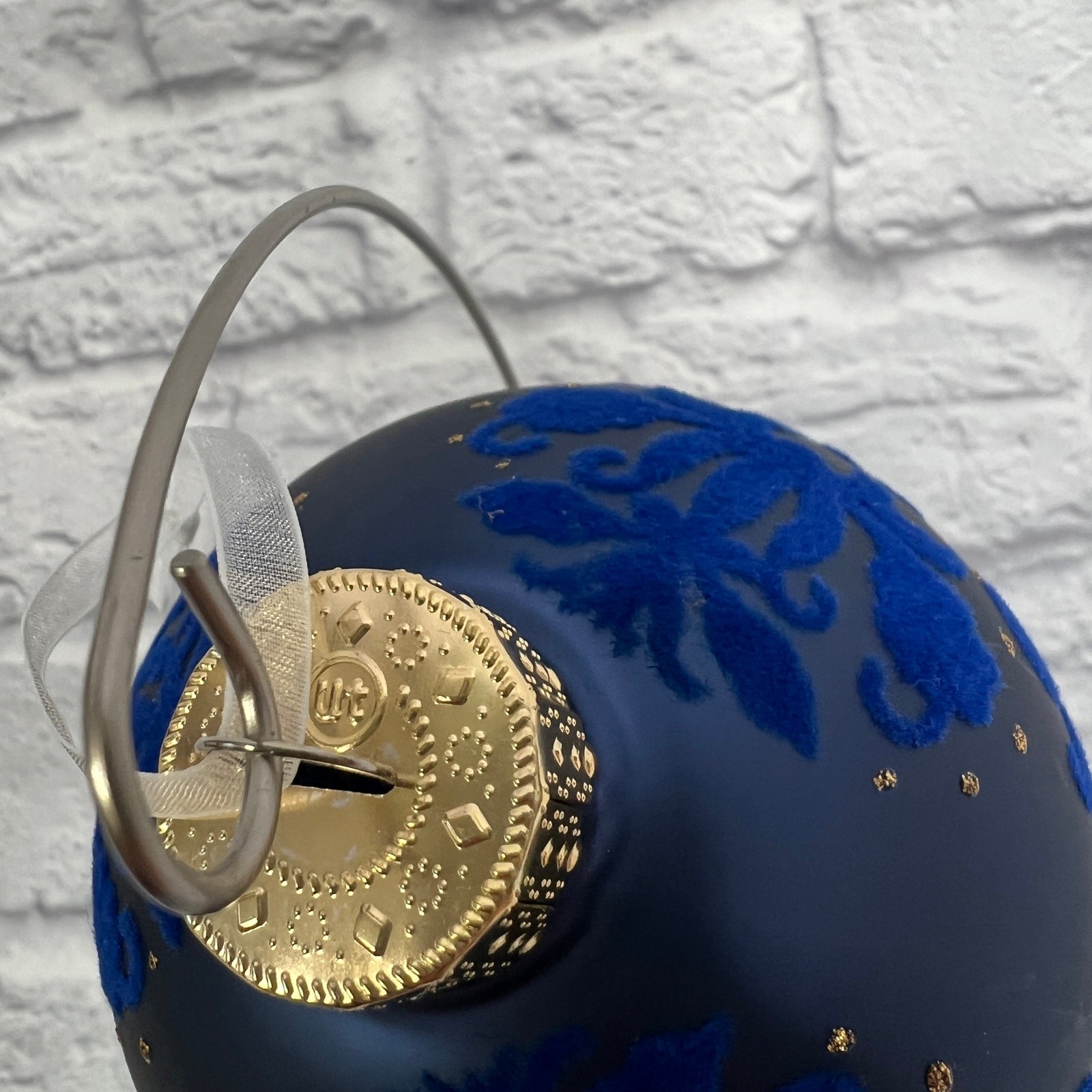 Vintage UT Bauble 4.5" Navy Blue Gold Ball Ornament Paisley Textured Sparkle