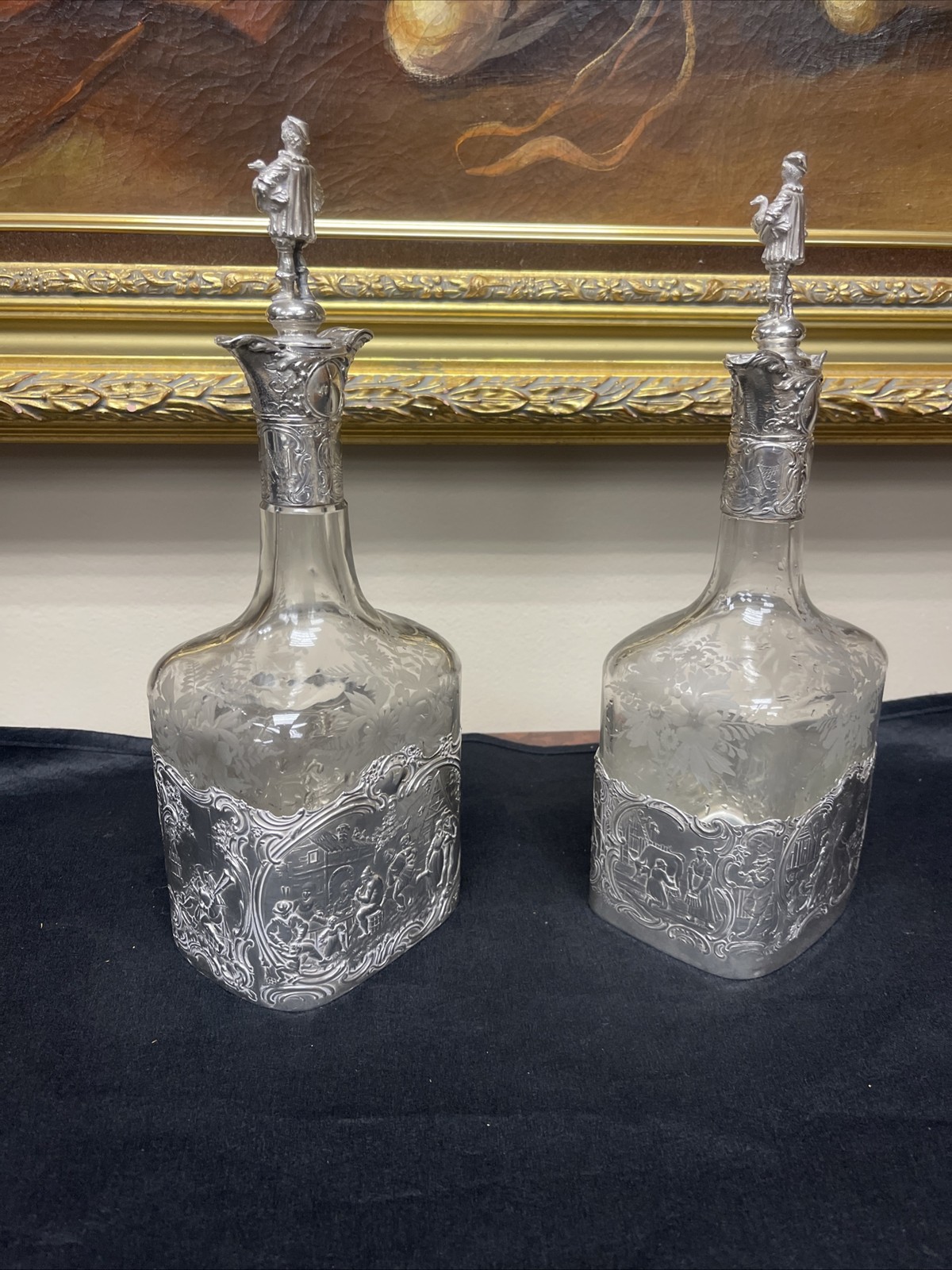 Pair Antique German Hanau Glass Decanters Bottles With sterling mounts / Tops
