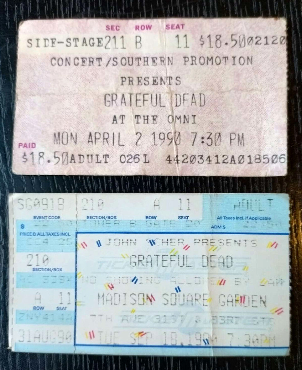 2 Grateful Dead Ticket stubs, 9/19/1990 MSG, NYC, 4/2/1990 The Omni, HOTLANTA