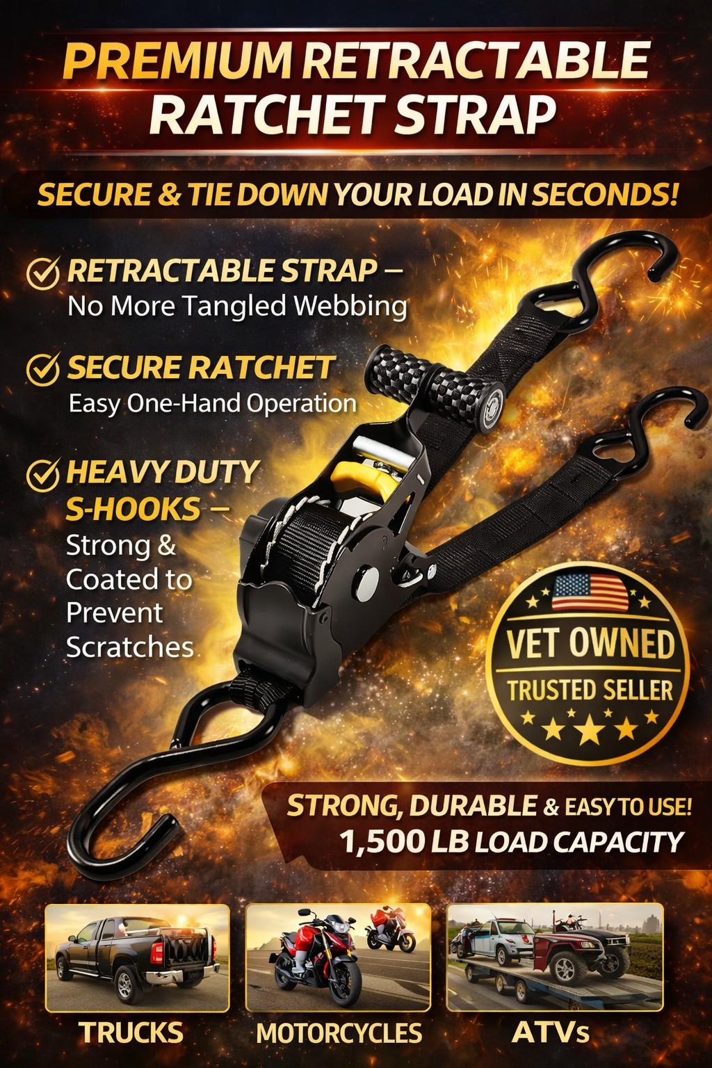 🔥 2-Pack 10FT Retractable Ratchet Tie-Down Straps | 1500LBS Heavy-Duty | S-Hook