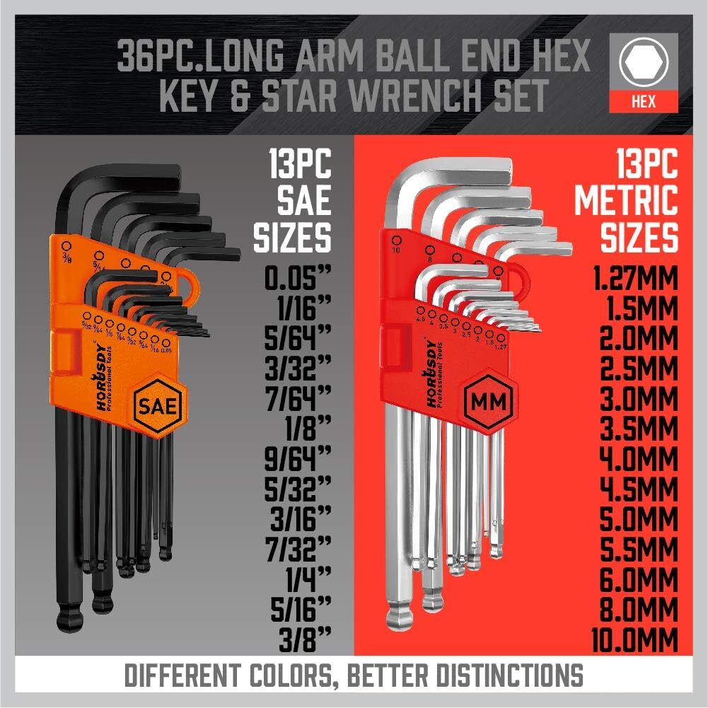 36 PC Long Arm Ball End Hex Key Allen Wrench Set Inch Metric Star With Bag Gift