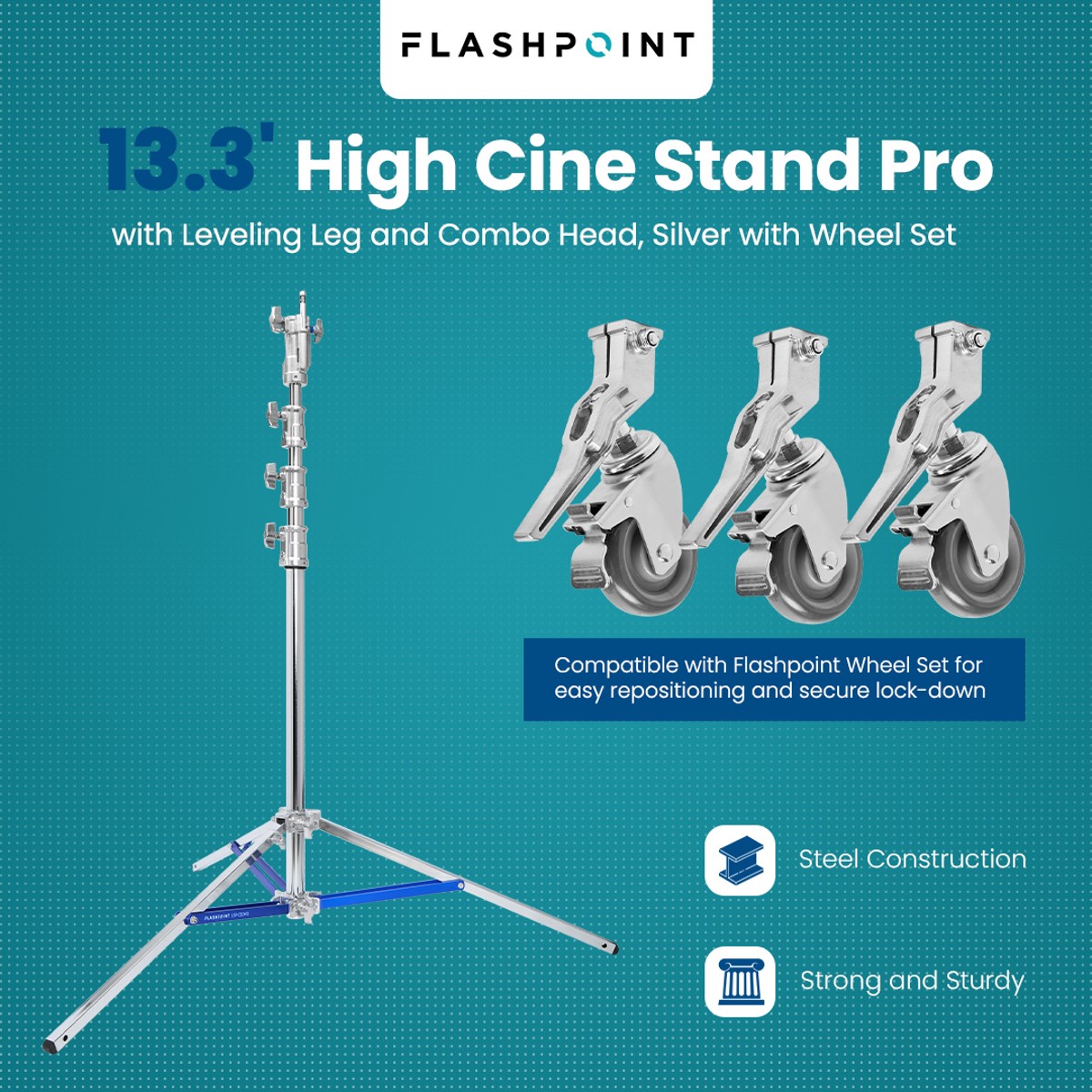 Flashpoint 13.3' High Cine Stand Pro with Combo Head, Silver, Bundle with 3x Whe