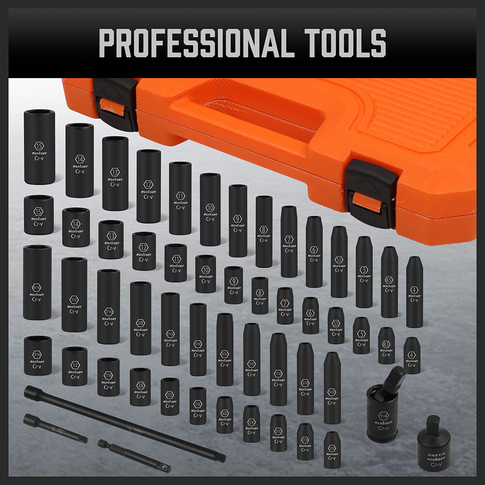 56PC 1/4" Drive Shallow & Deep 6-Point Socket Set Extension Bar Universal Joint