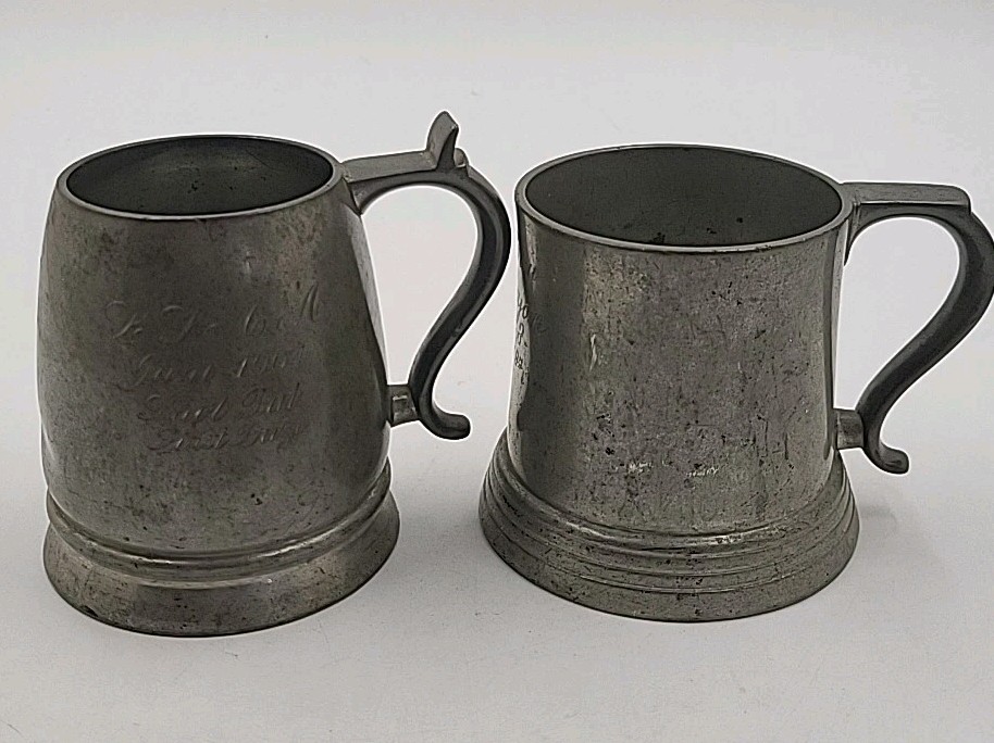 2~Vintage Reed & Barton Pewter Tankard Mugs #124,#232 Glass Bottoms Engraved