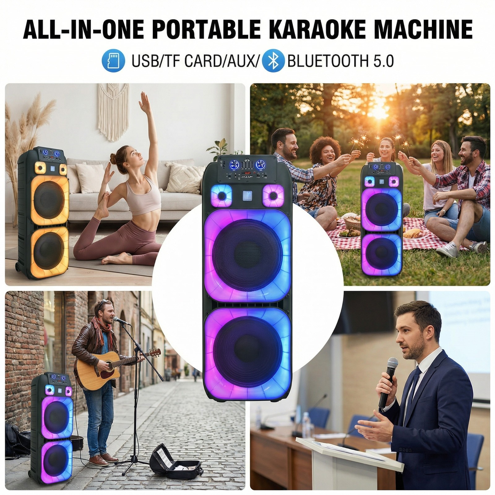 Portable Bluetooth Party Speaker PA System with Dual 15'' Subwoofer 2 Microphone