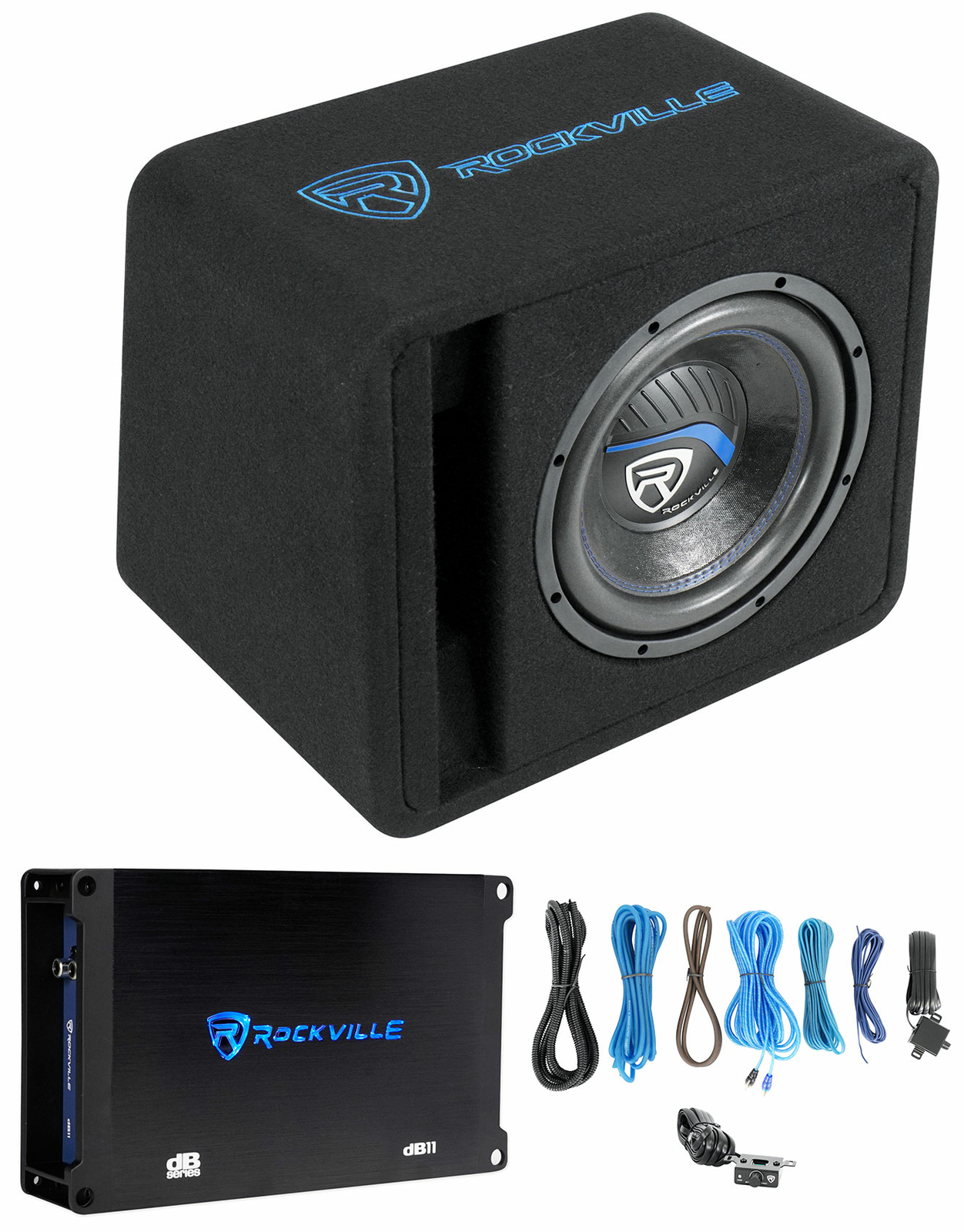 Rockville SK510 PACKAGE 10" 1200w Loaded K5 Car Subwoofer Enclosure+DB11 Amp