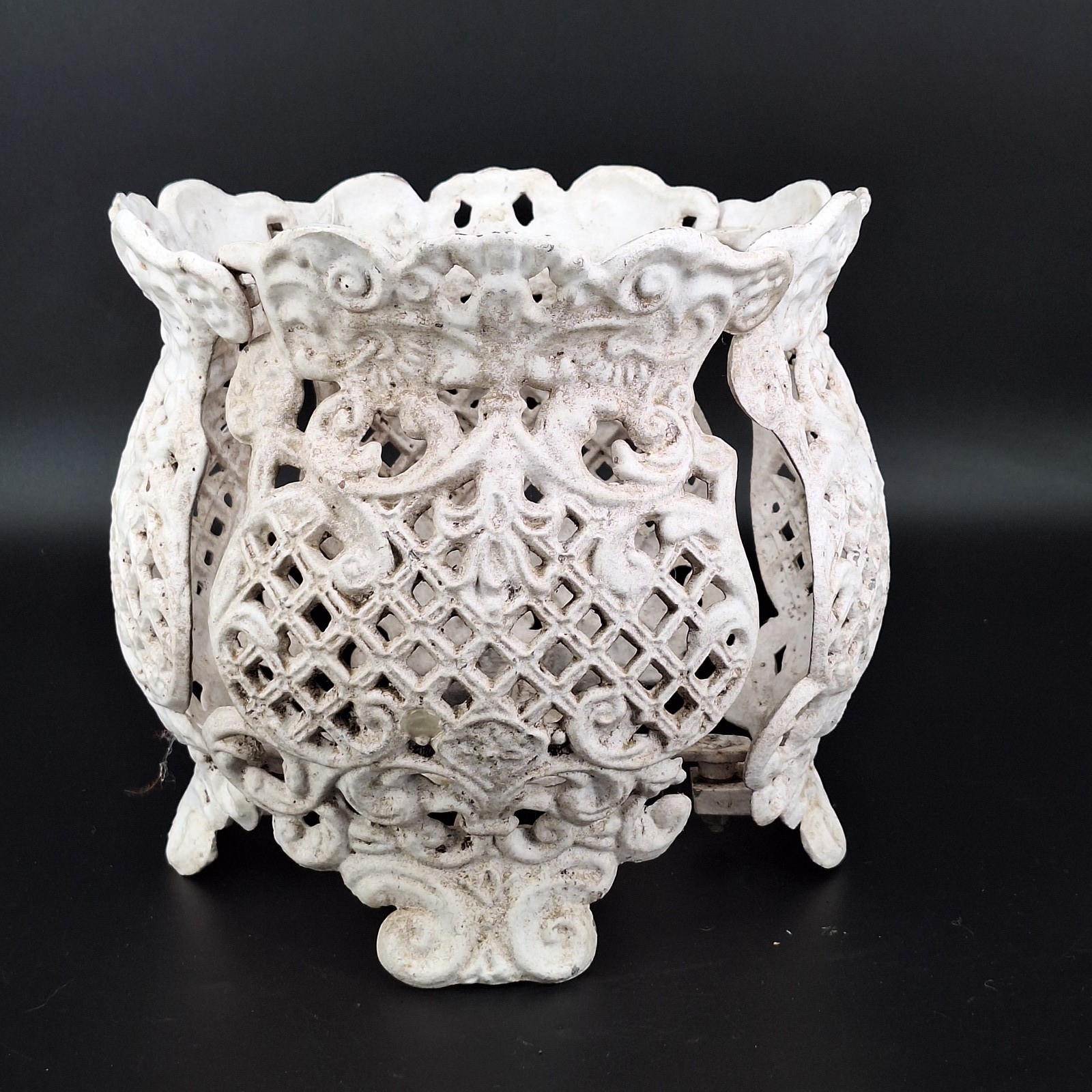 Antique Cast Iron Planter Holder Ornate Lattice White Garden Decor