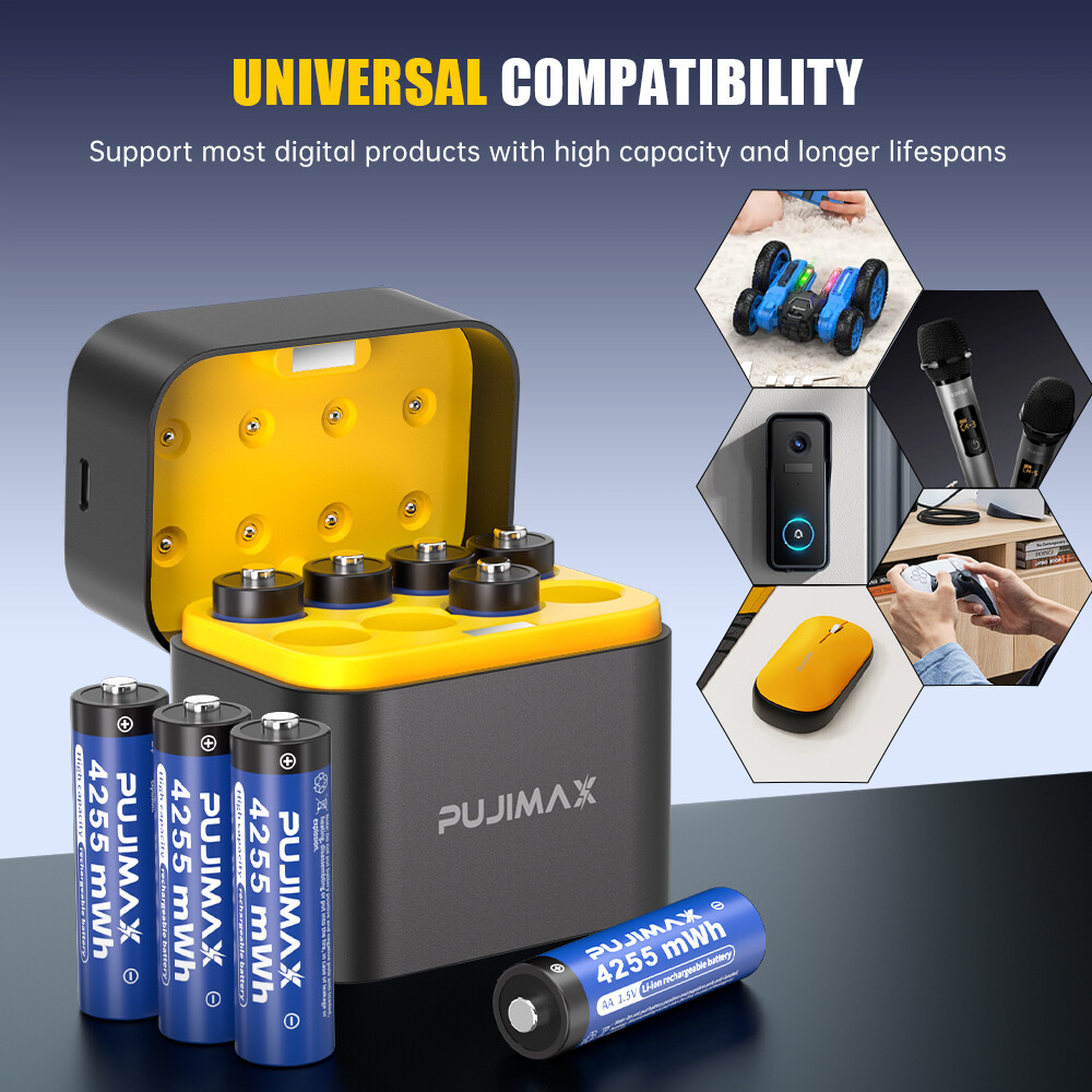 1.5V AA 8 Packs PUJIMAX 4255mWh Rechargeable Lithium Batteries with Fast Charger