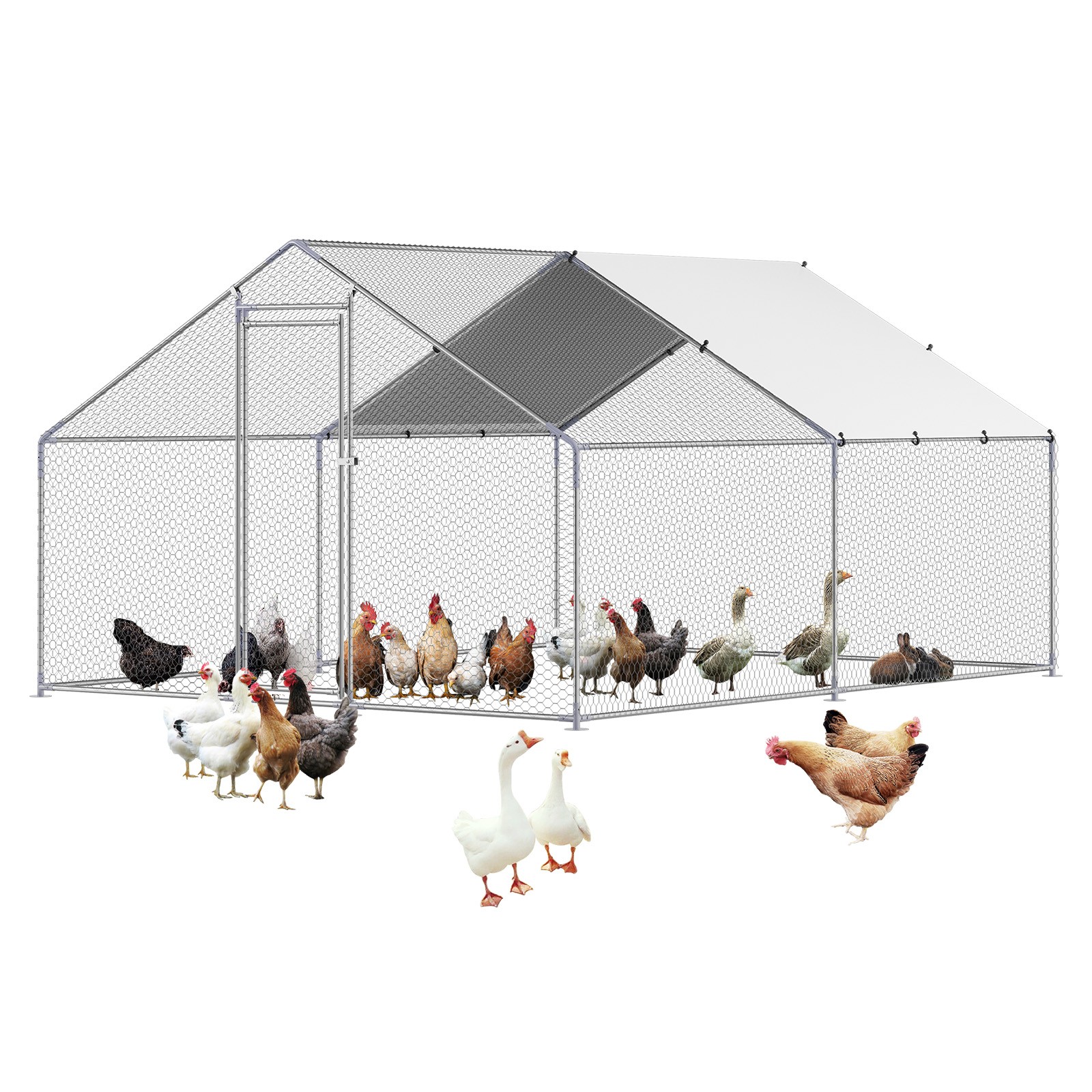 Metal Chicken Coop 9.8x13.1x6.5 ft Walk-in Chicken Run with Cover Spire Roof