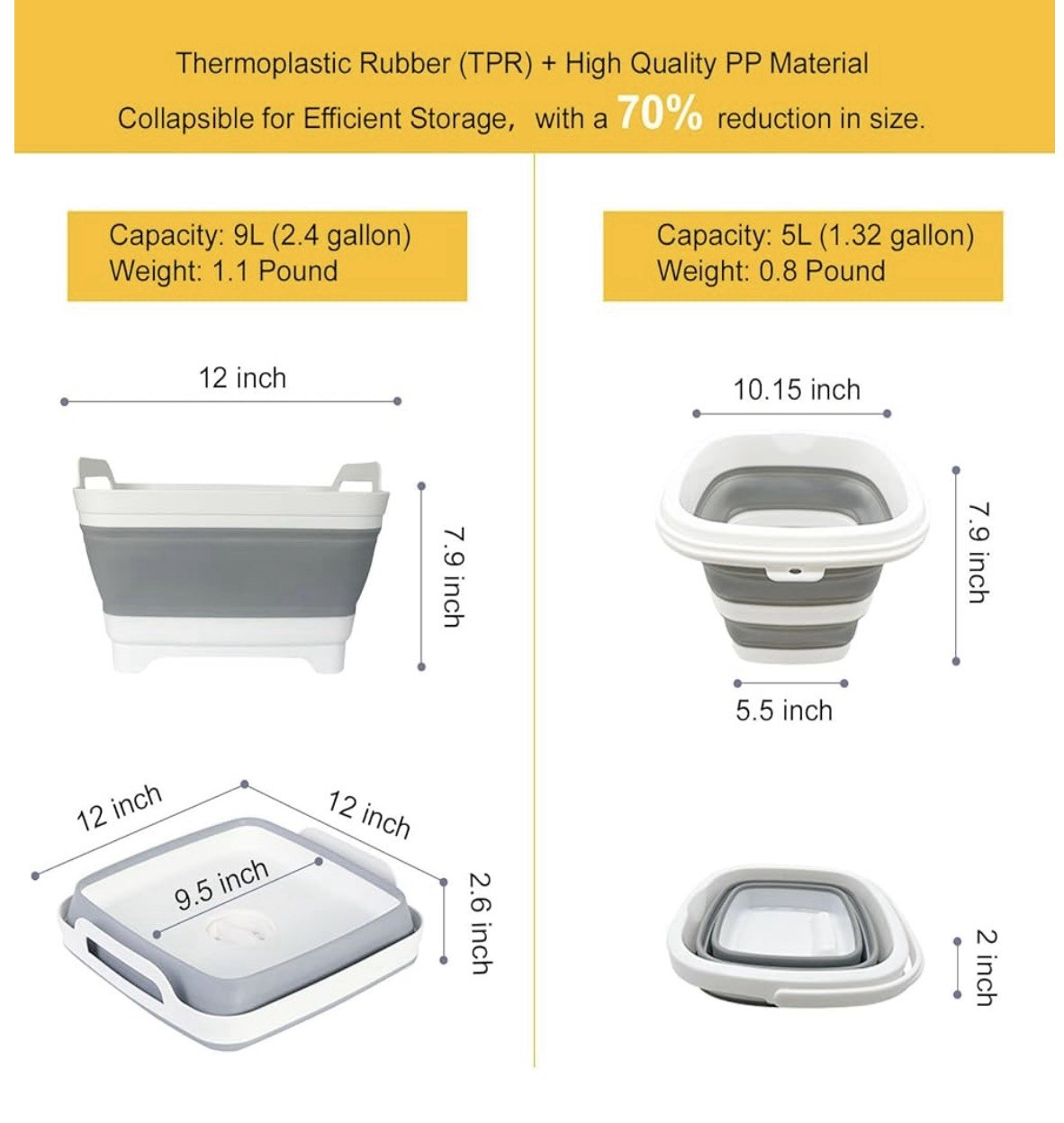 2 Pcs (9L+5L) Collapsible Basin Bucket-Collapsible Tub Portable Sink