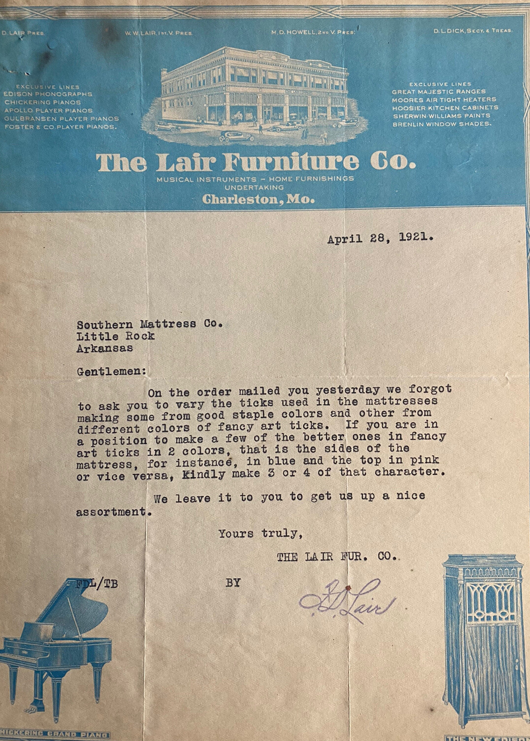 Vintage 1921 Lair Furniture & Instruments Charleston Missouri MO Letterhead