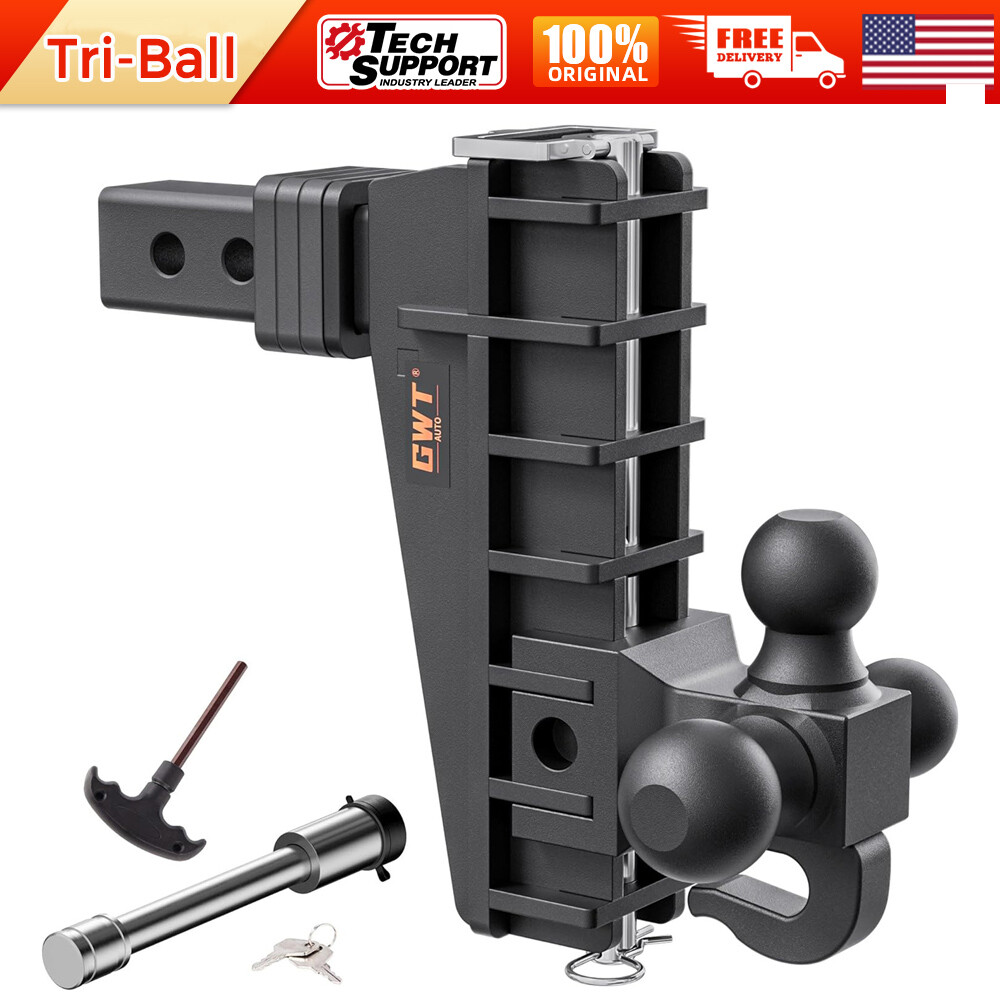 Adjustable Trailer Hitch 2.5'' Receiver 8'' Drop Towing Hitch 18500 LBS Tri-Ball