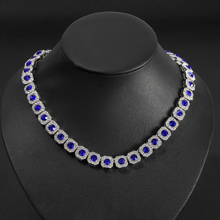Silver Plated Stainless Steel 22 Inch Necklace Cubic Zirconia Blue Center Stone