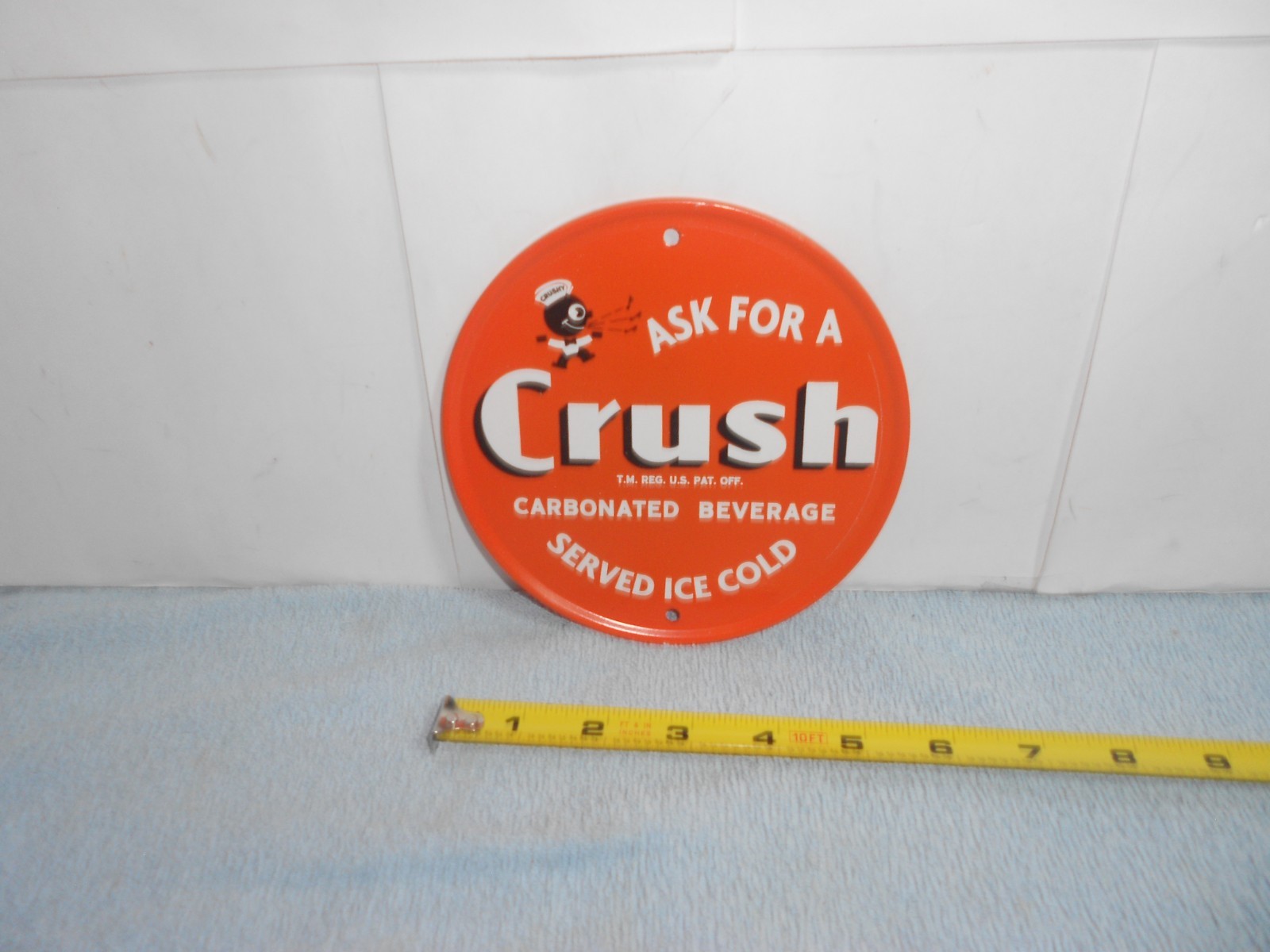 VINTAGE CRUSHY ORANGE CRUSH SODA POP ADVERTISING SIGN EMBOSSED TIN METAL TACKER