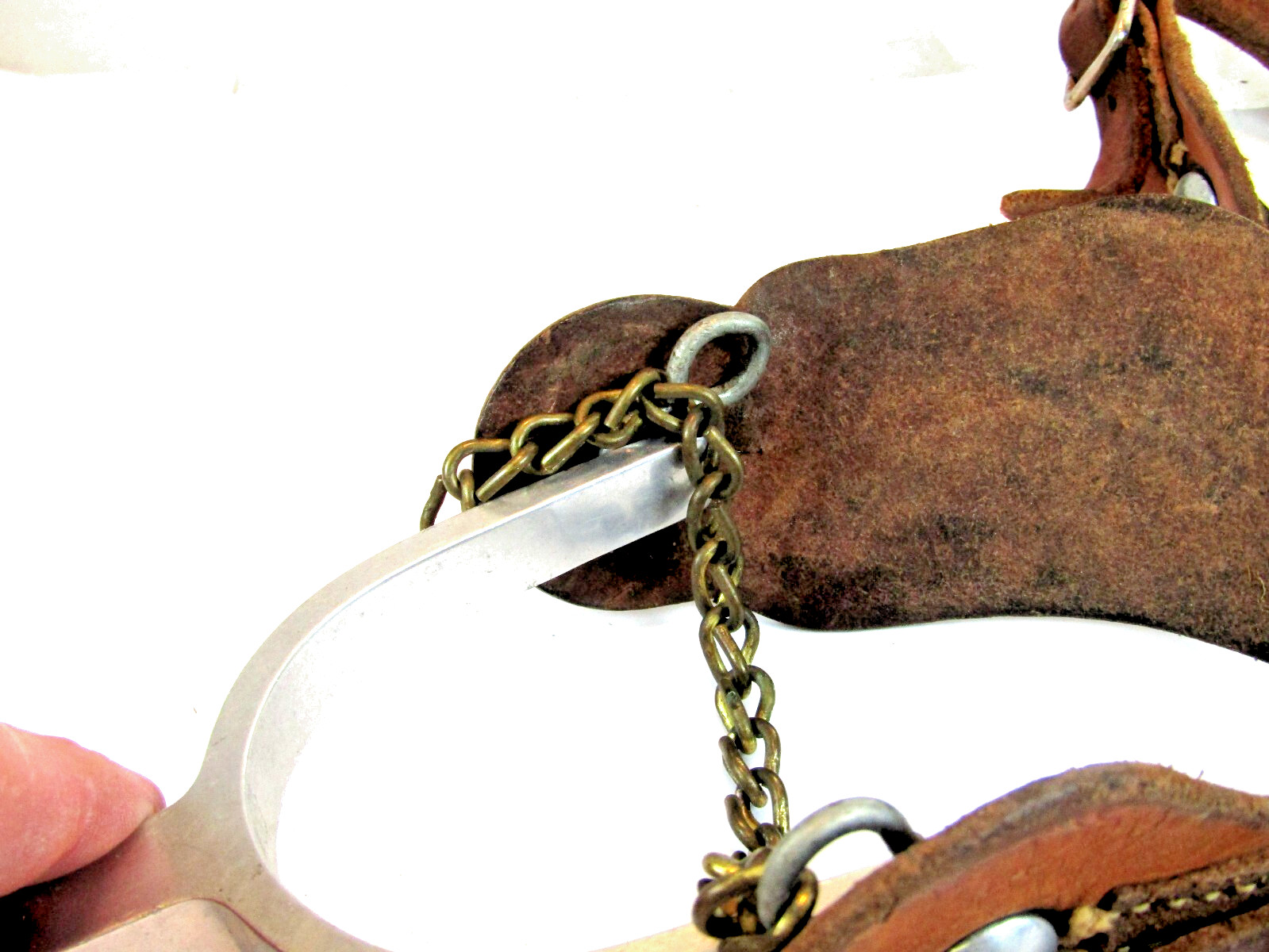 PAIR OF UNMARKED ENGRAVED ALUMINUM AIRPLANE METAL RIDING SPURS W/ STRAPS