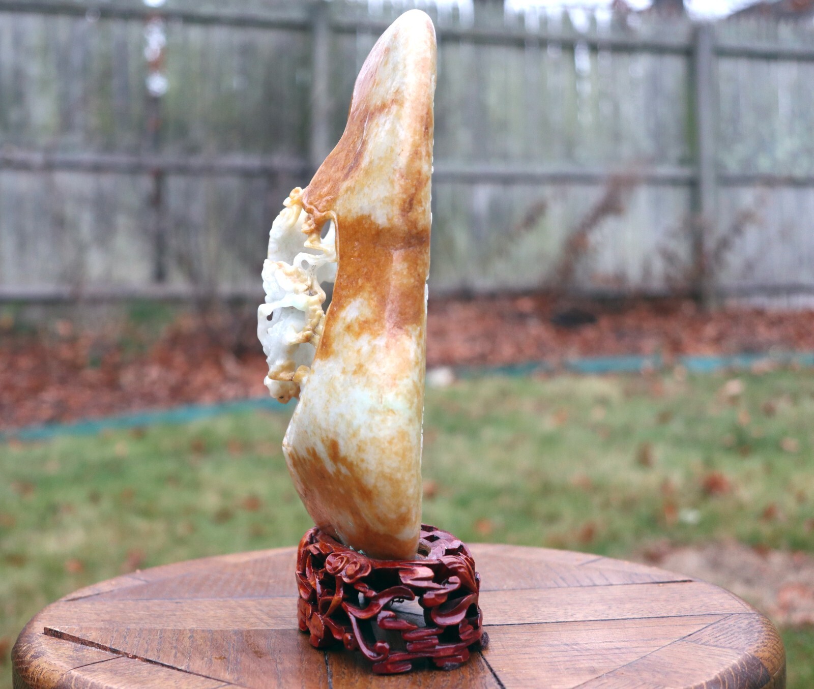 Jadeite Hand-Carved Boulder with Plants, Peacock Feathers & Vases Post-1950s