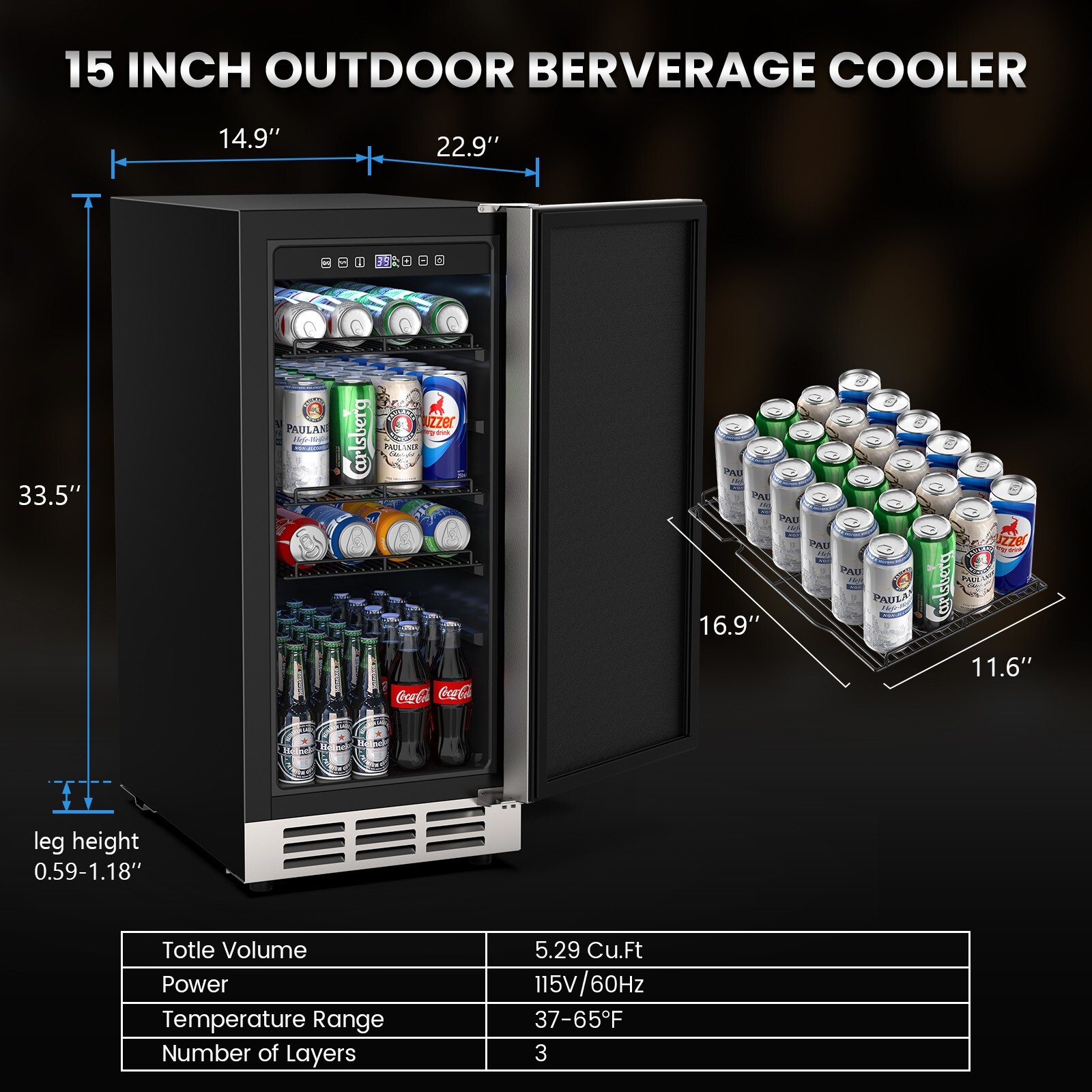 15" Outdoor Beverage Refrigerator | Weatherproof Stainless Steel Fridge 80 Cans