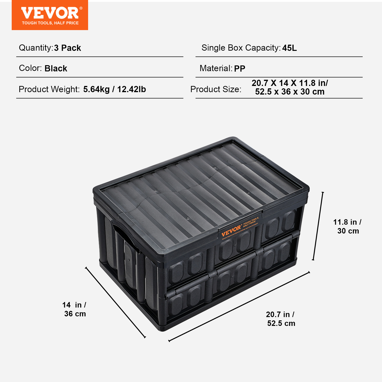 VEVOR Collapsible Storage Bins with Lids Folding Stackable Containers 45L 3-Pack