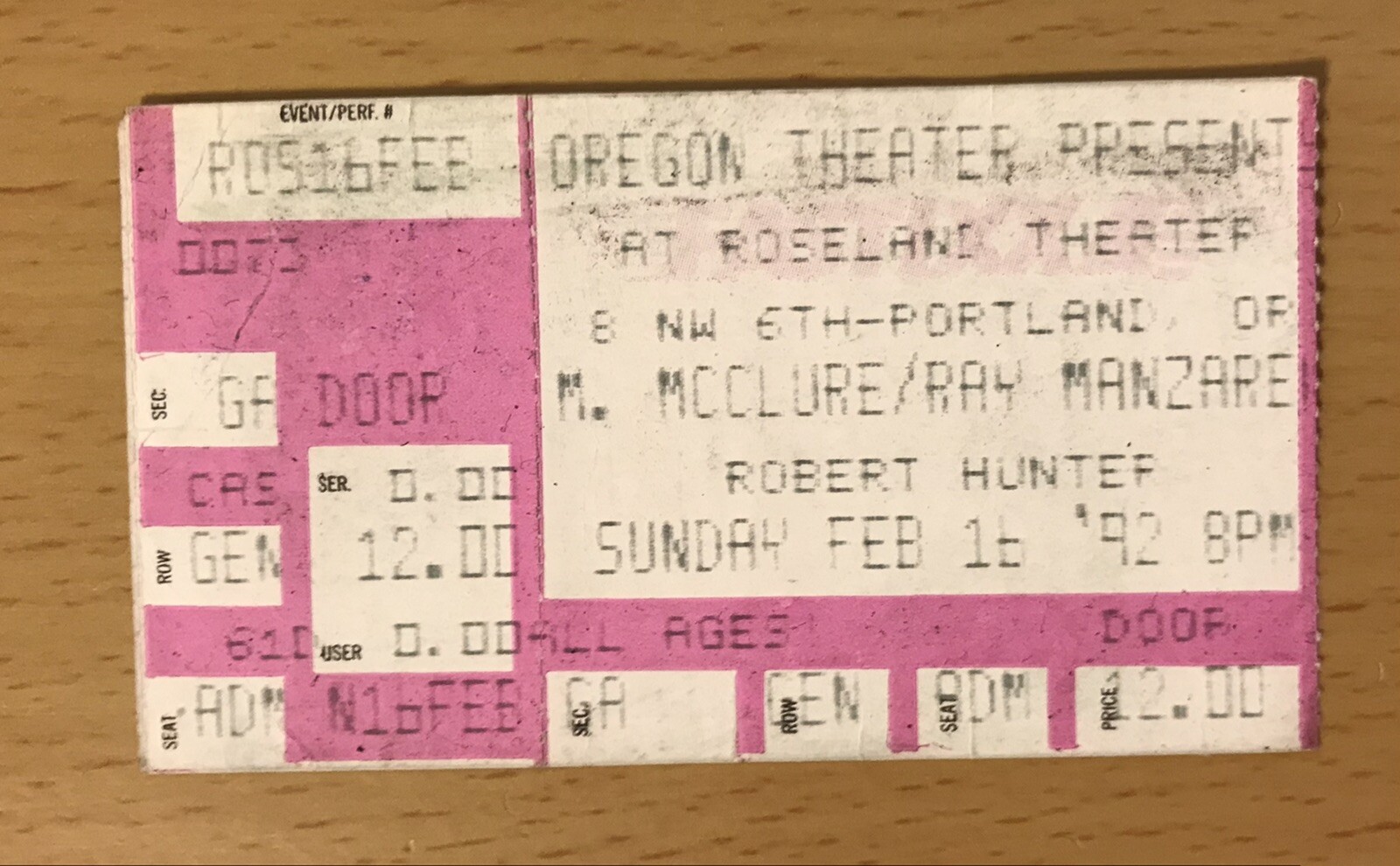 1992 THE DOORS RAY MANZAREK / MICHAEL MCCLUE PORTLAND CONCERT TICKET STUB