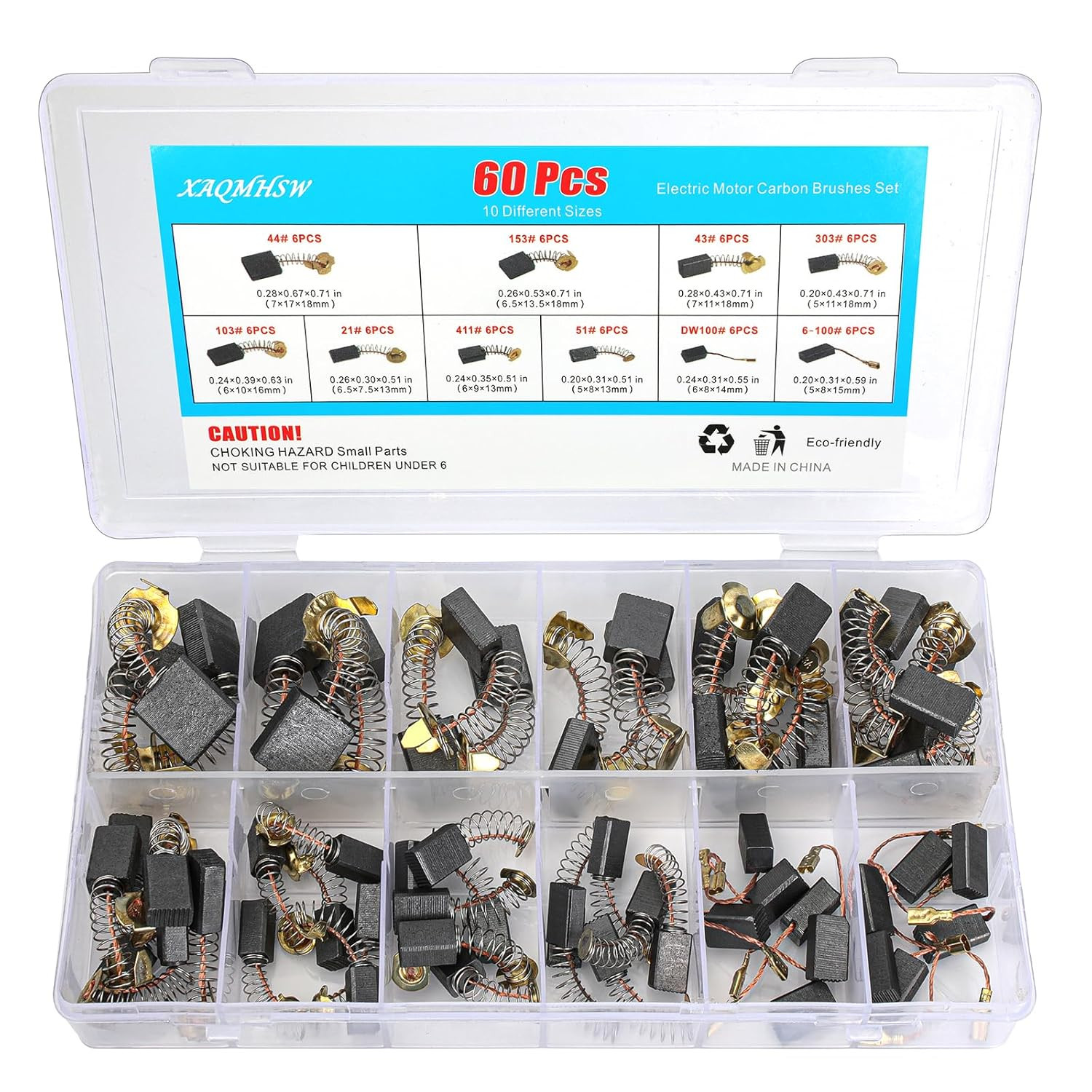 60 Pcs Electric Motor Carbon Brushes Set 10 Assorted Sizes Graphite & Copper Re