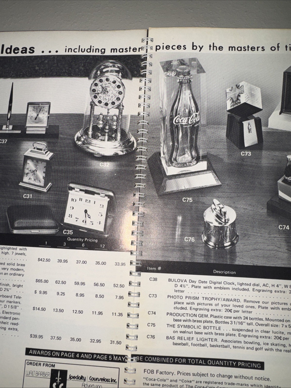 1974 Walt Barber Specialty Advertising Coca Cola Promotional Employee Gift