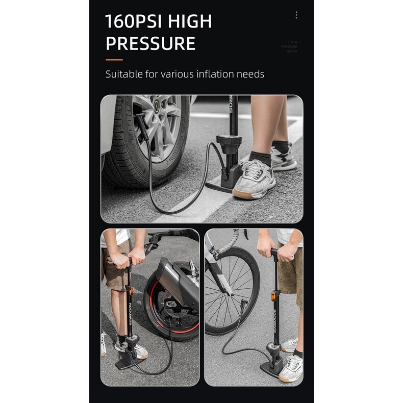 ROCKBROS Bike Pump High Pressure 160Psi Schrader Presta Valve Barometer Inflator