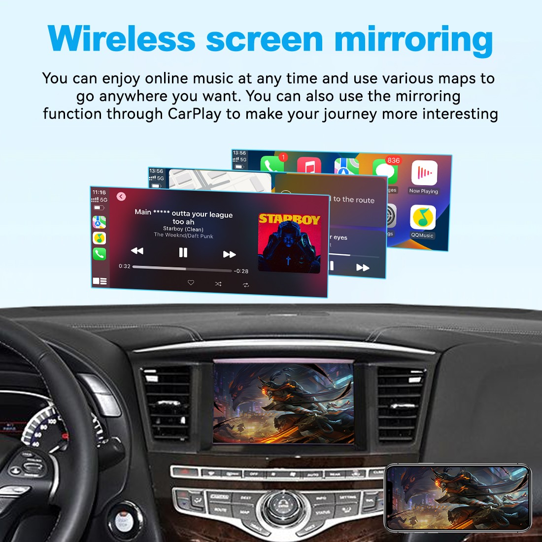 Wireless Apple Carplay, Android Auto, Mirroring, For Infiniti Q70 QX60 2015-2019