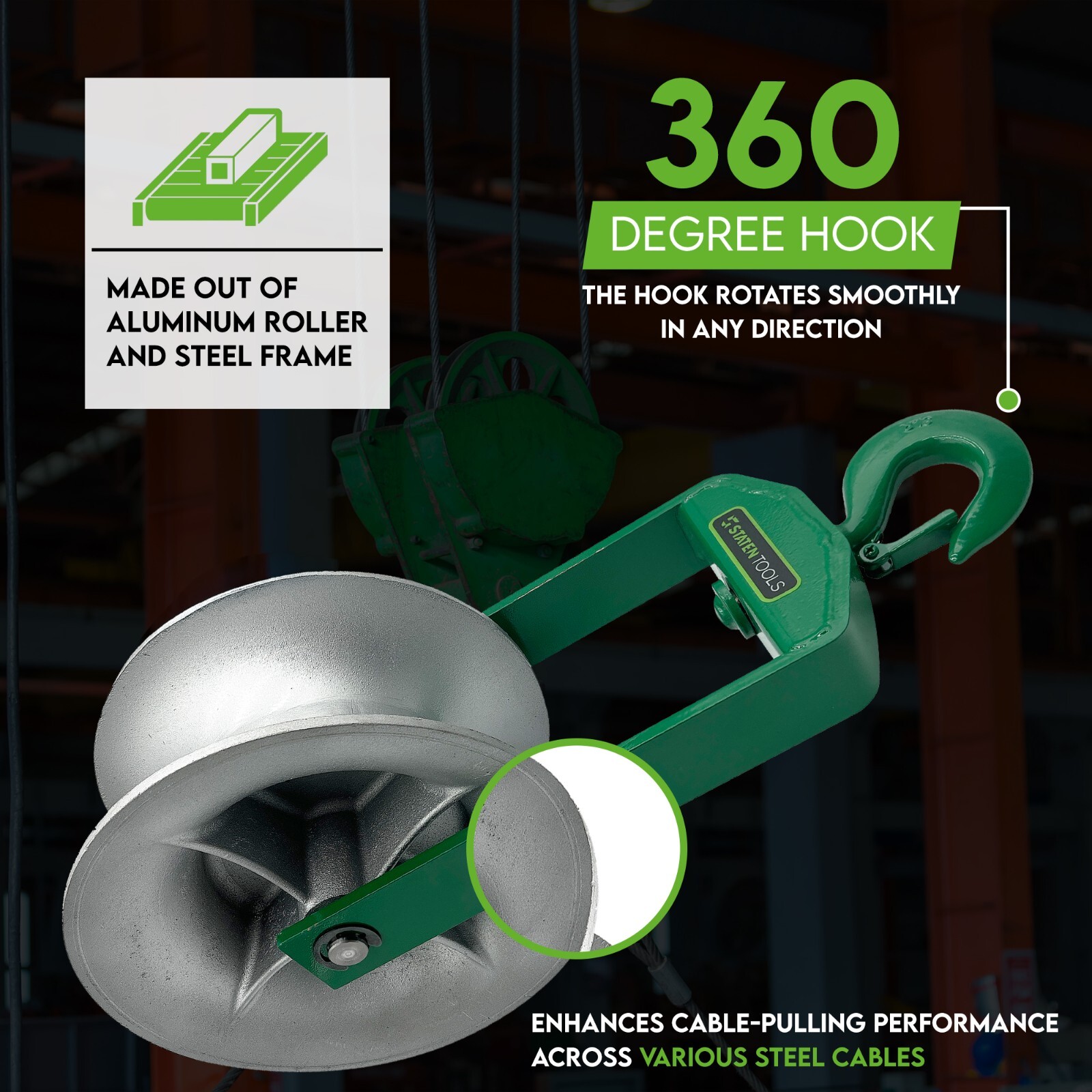 Staten Tools 651 Cable Puller Sheave, Hook, Wire, 12 In Diameter 6500lb