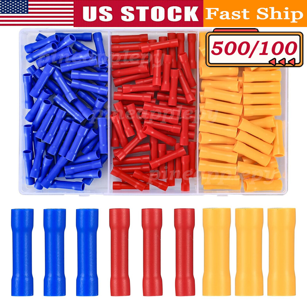 500Pcs Insulated Electrical Straight Butt Splice Crimp Wire Connectors Terminals