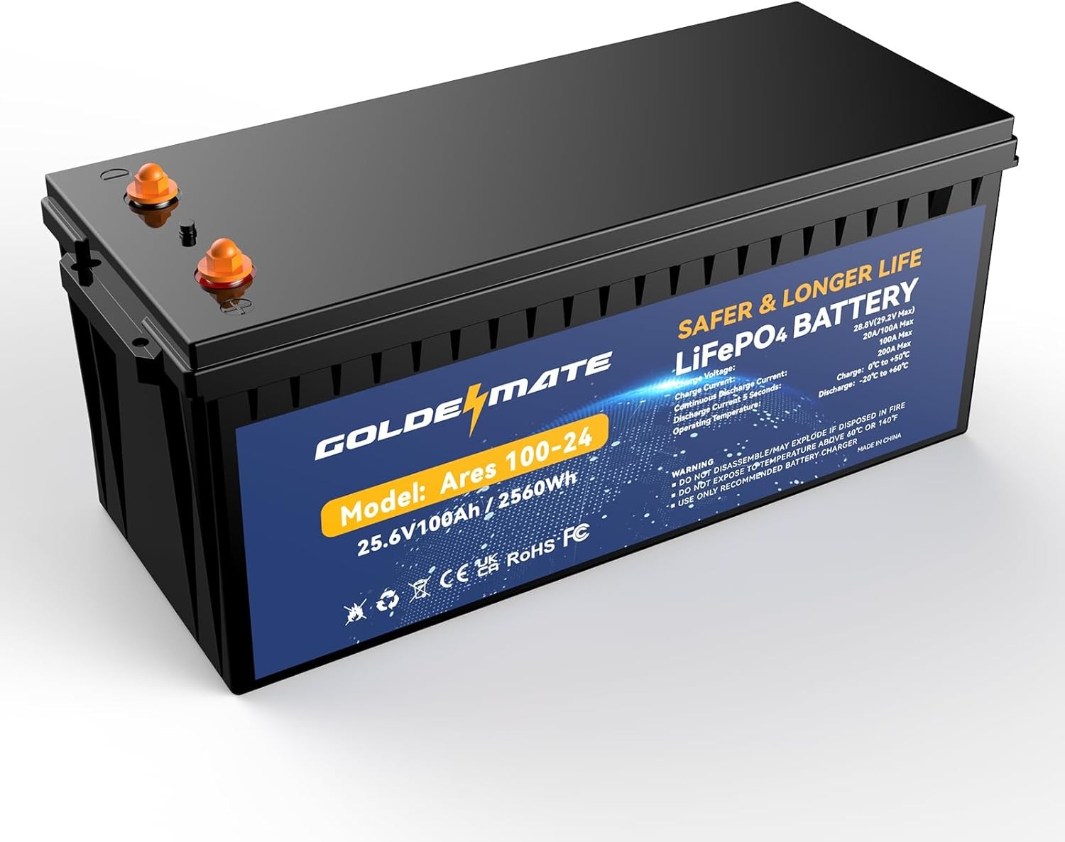 Goldenmate 24V 100Ah LiFePO4 Deep Cycle Battery with Smart BMS for Solar RV Home