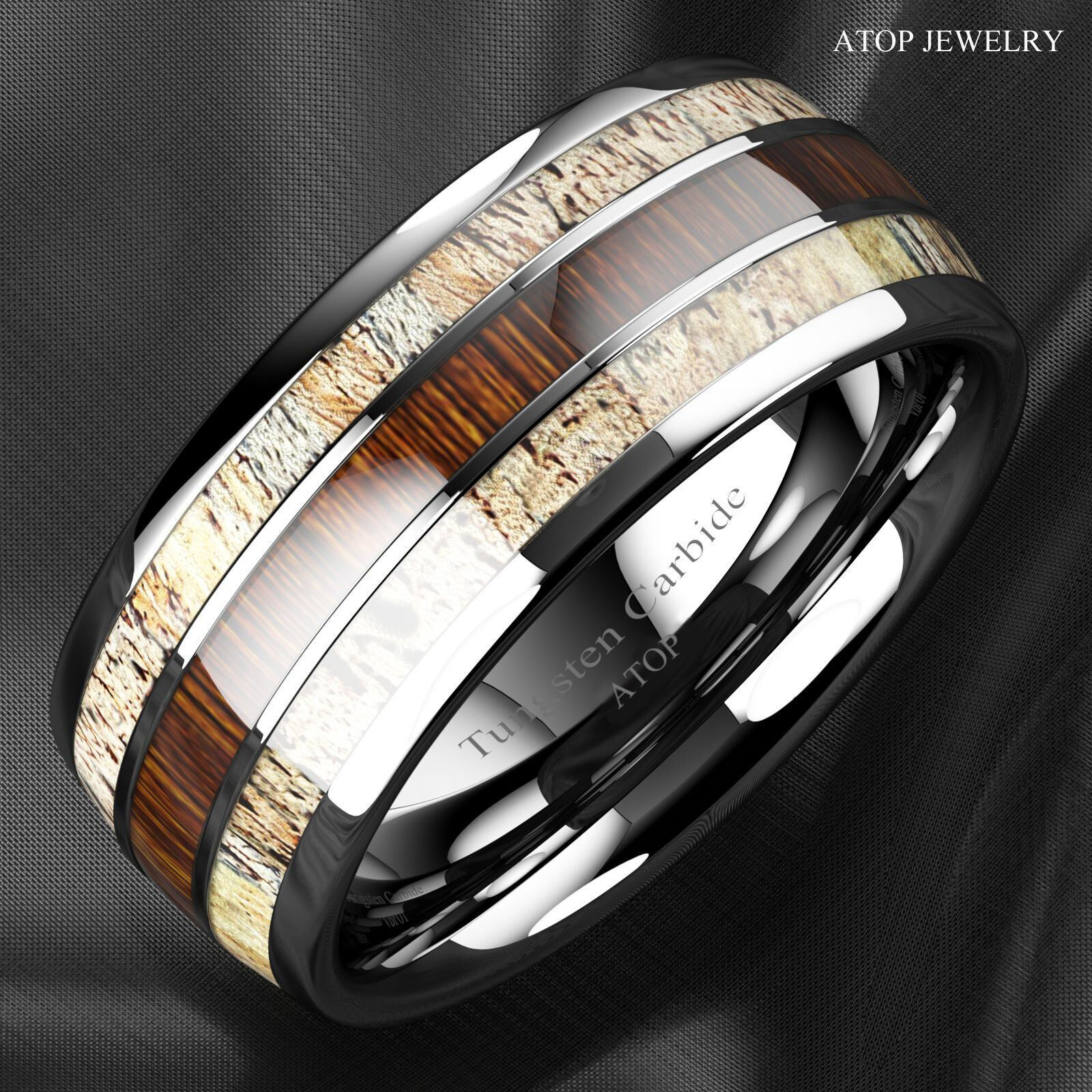 8mm Silver Tungsten Ring With Deer Antler Koa Wood Men Wedding Band ATOP Jewelry