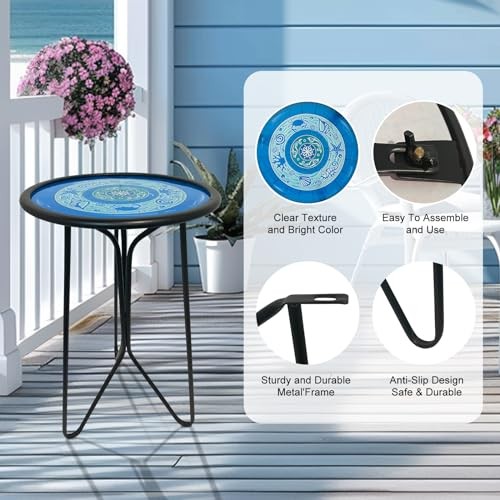 Outdoor Side Tables, 12" Weather Resistant Small Balcony Table Patio Side Blue
