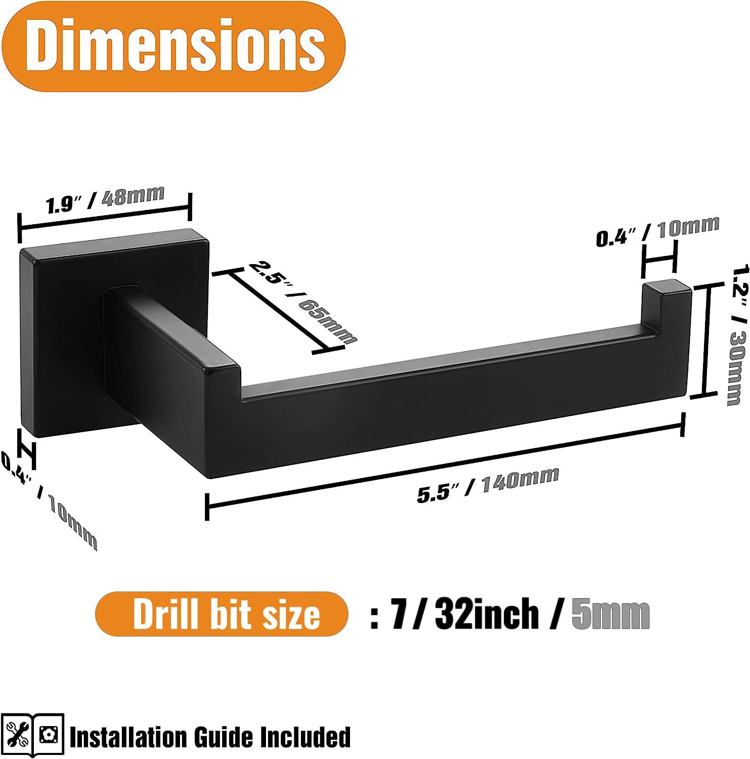 Matte Black Toilet Paper Holder Wall Mount Premium 304 Stainless Steel Square To