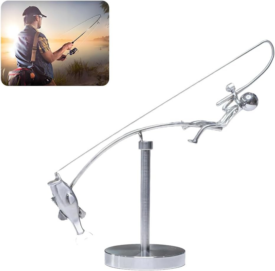 The Fisherman Balancing, Kinetic Fishing Sculpture, Balance Art for Your Space