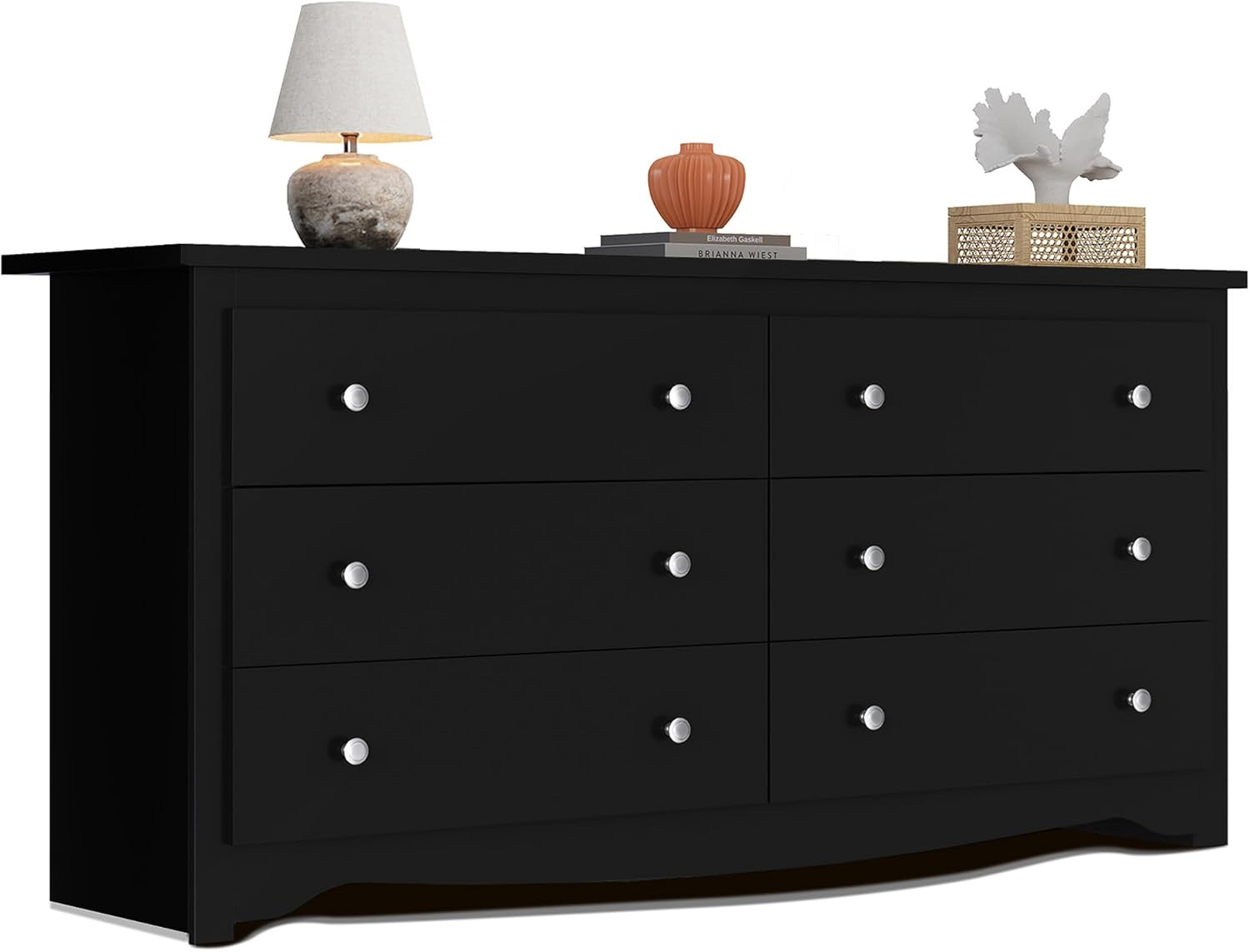 Black Wooden 6-Drawer Dresser, 59" Wide Modern Chest for Bedroom & Living Room
