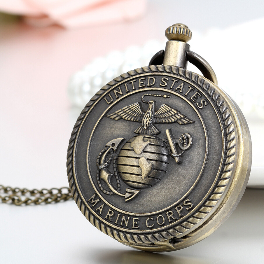 Men's United States Marine Corps Quartz Pocket Watch Antique Bronze Tone Watch
