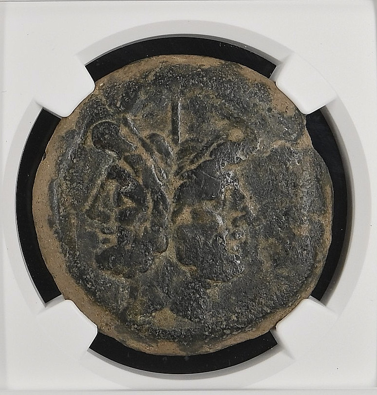 Roman Republic Anonymous c. 206-195 BC AE As Janus Bird & Rudder NGC Ch F