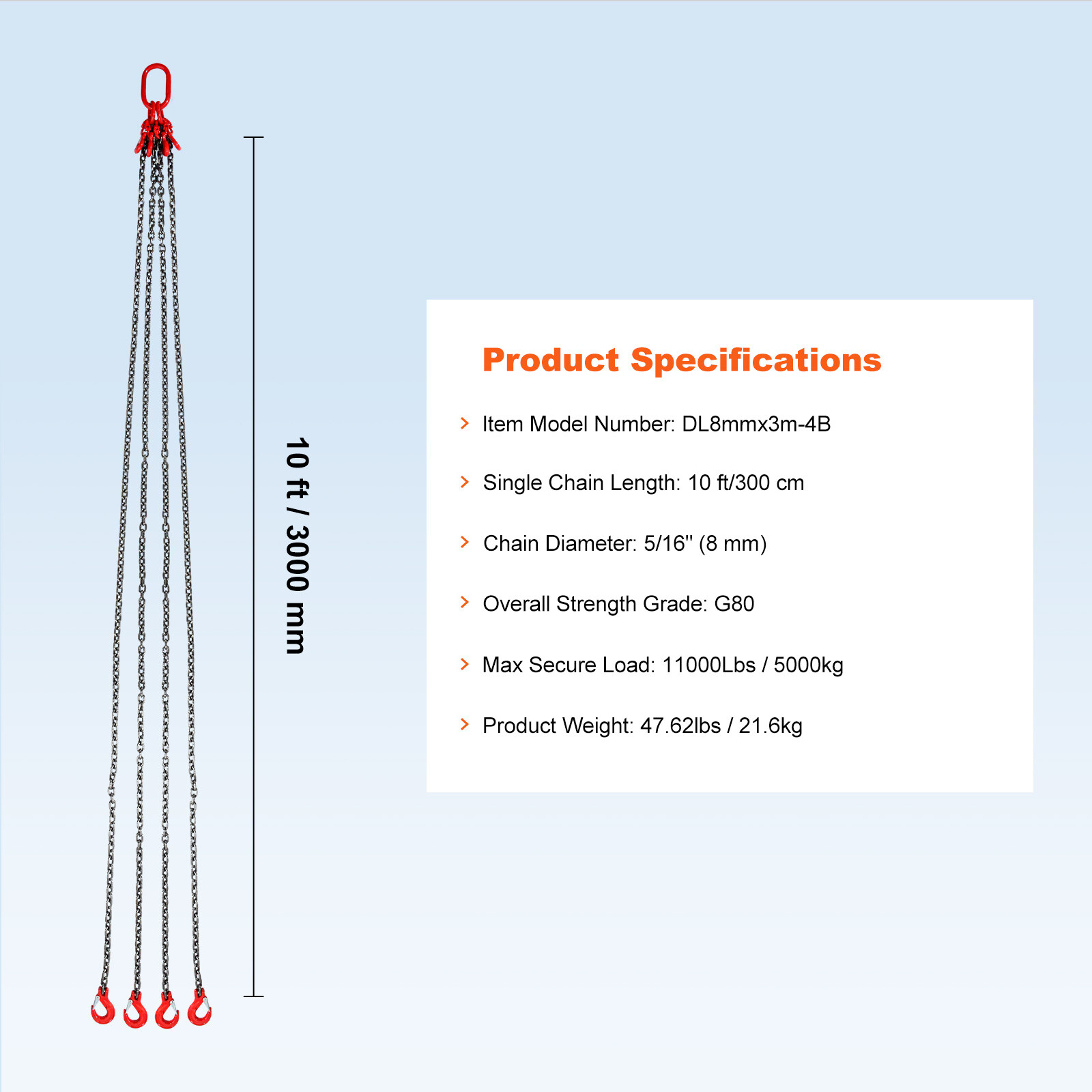 VEVOR 5/16" x 10' Chain Sling 4 Legs G80 Lifting Chain with Grab Hooks 11000 lbs