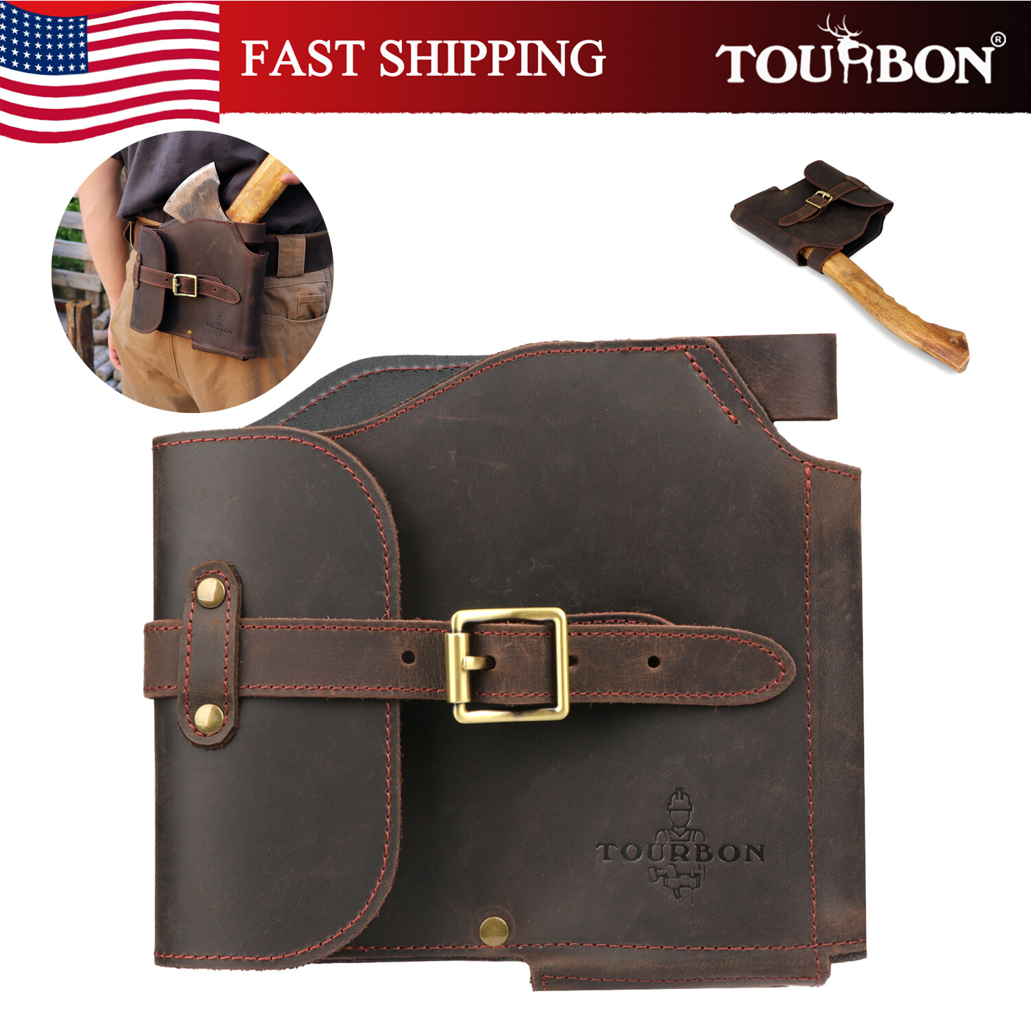 TOURBON Leather Heavy Duty Axe Belt Pouch Loggers Felling Hatchet Head Cover US