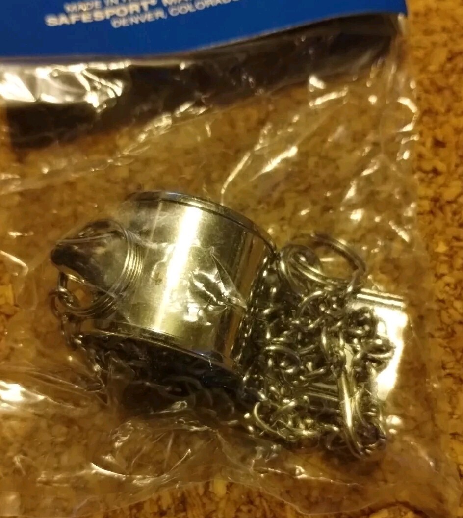 NOS Vintage Safesport G.I. Style Solid Brass Whistle Cork Ball And Chain