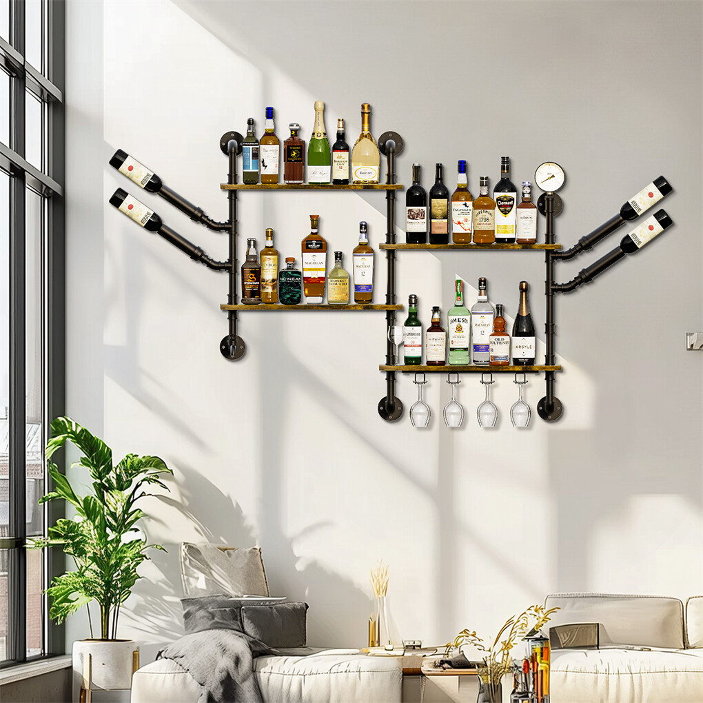 Industrial Pipe Bar Wall Liquor Shelf Floating Shelves with Wine Glass Holder