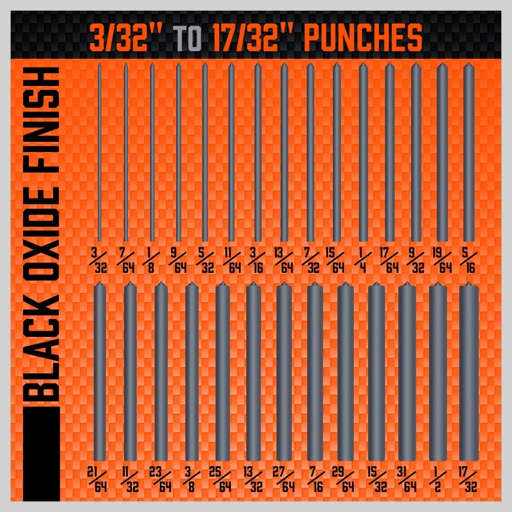 28-Piece Transfer Punch Set 3/32" to 1/2" Heat Treated Alloy Steel Index Stand