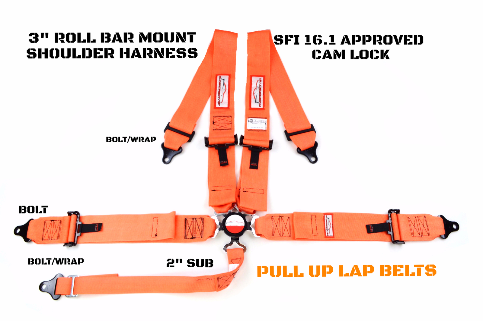 DRAGSTER RACING HARNESS CAM LOCK 5 PT ROLL BAR MOUNT PULL UP LAP BELTS ORANGE