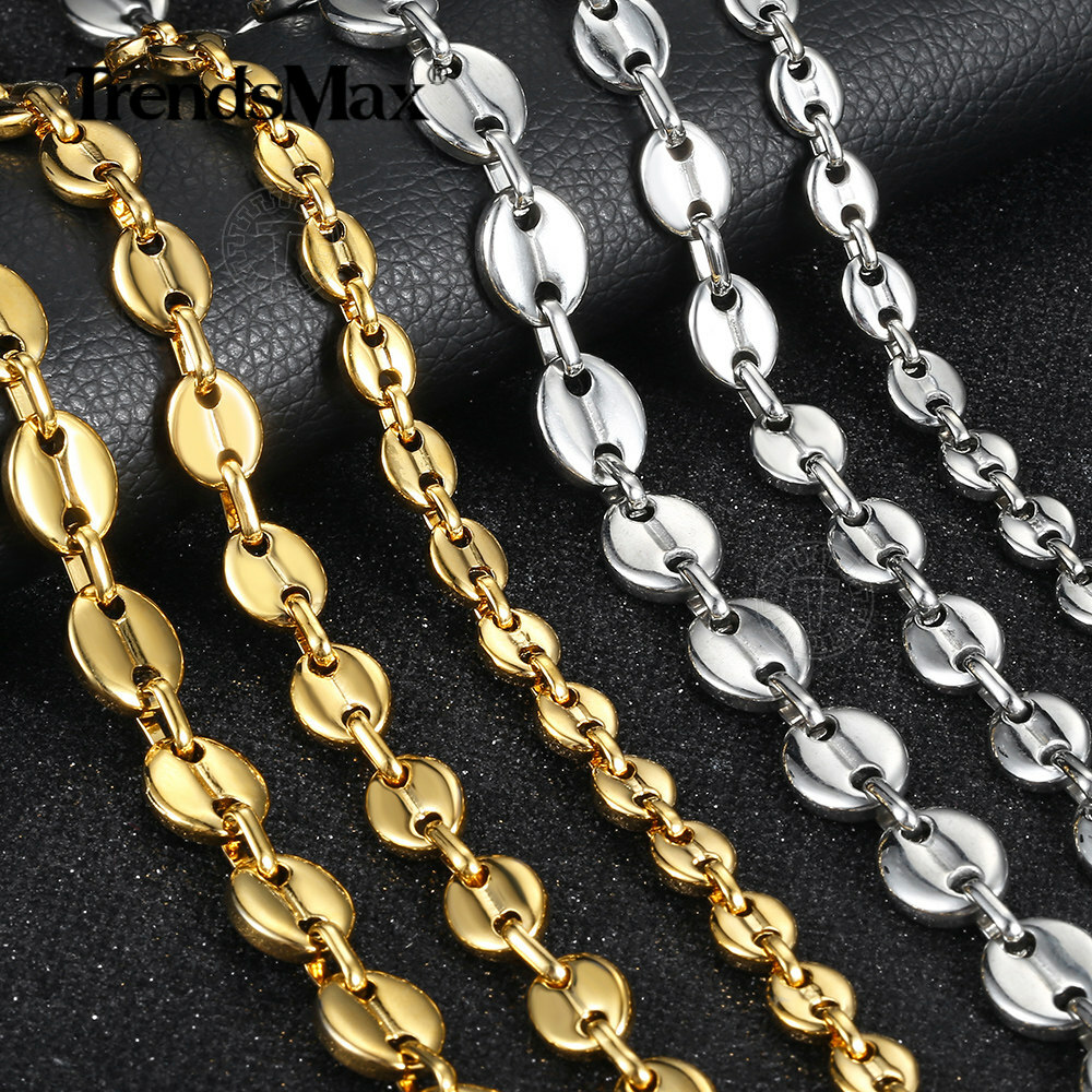 7/9/11mm Men Coffee Beans Marina Link Chain Necklace Gold Plated Stainless Steel
