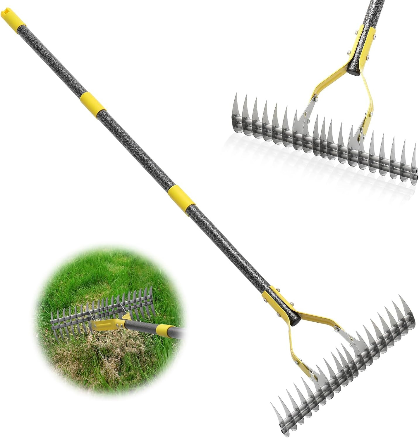 Thatch Rake,55 Inch Heavy Duty Lawn Thatching with Adjustable Stainless Steel Ha