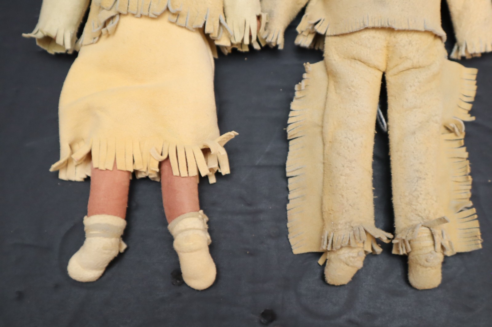 Antique Pair of NATIVE AMERICAN SIOUX Indian Wood Carved Leather Hide Dolls