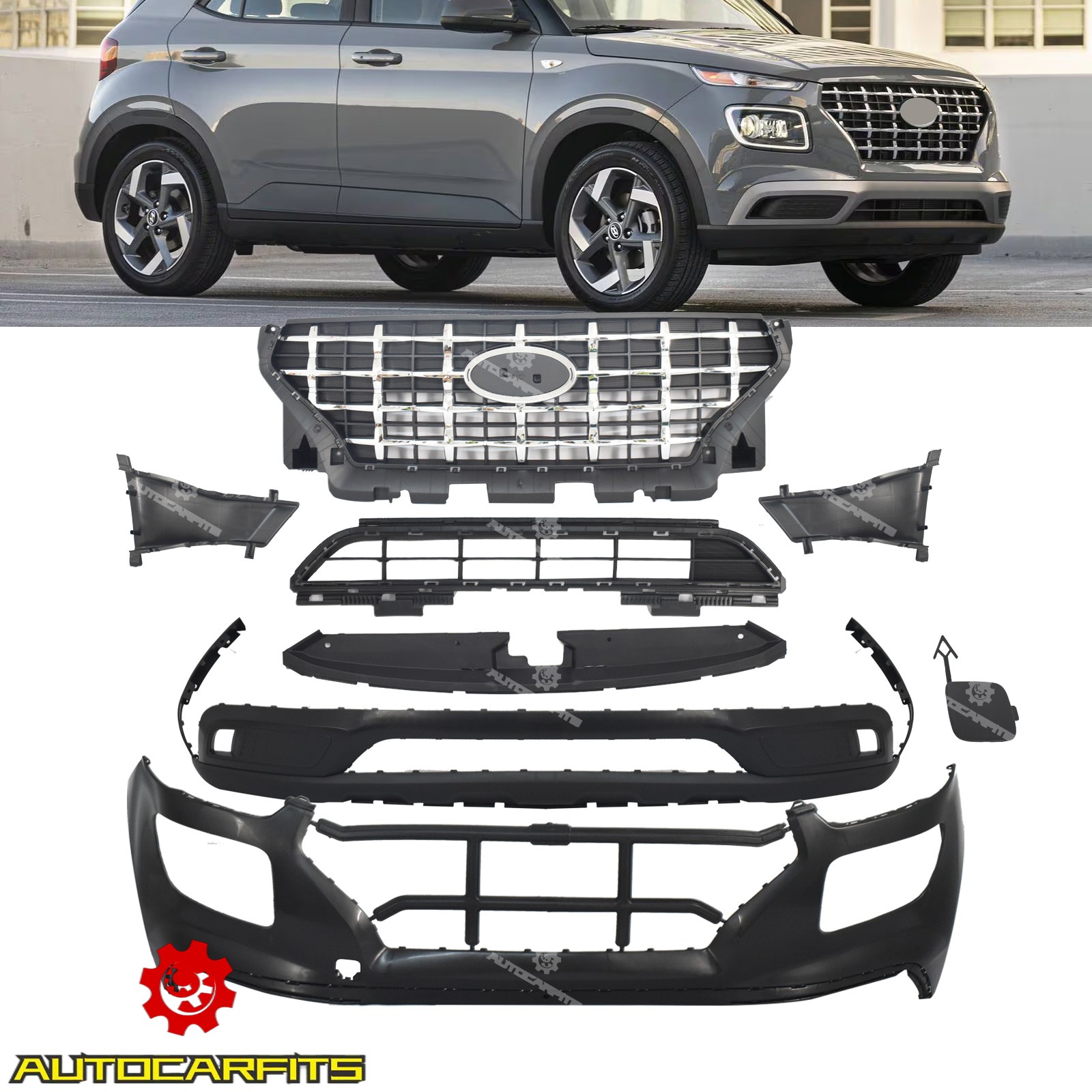 Fits 2020-2025 Hyundai Venue New Front Bumper Complete Kit W/Grille&Radiator 8PC