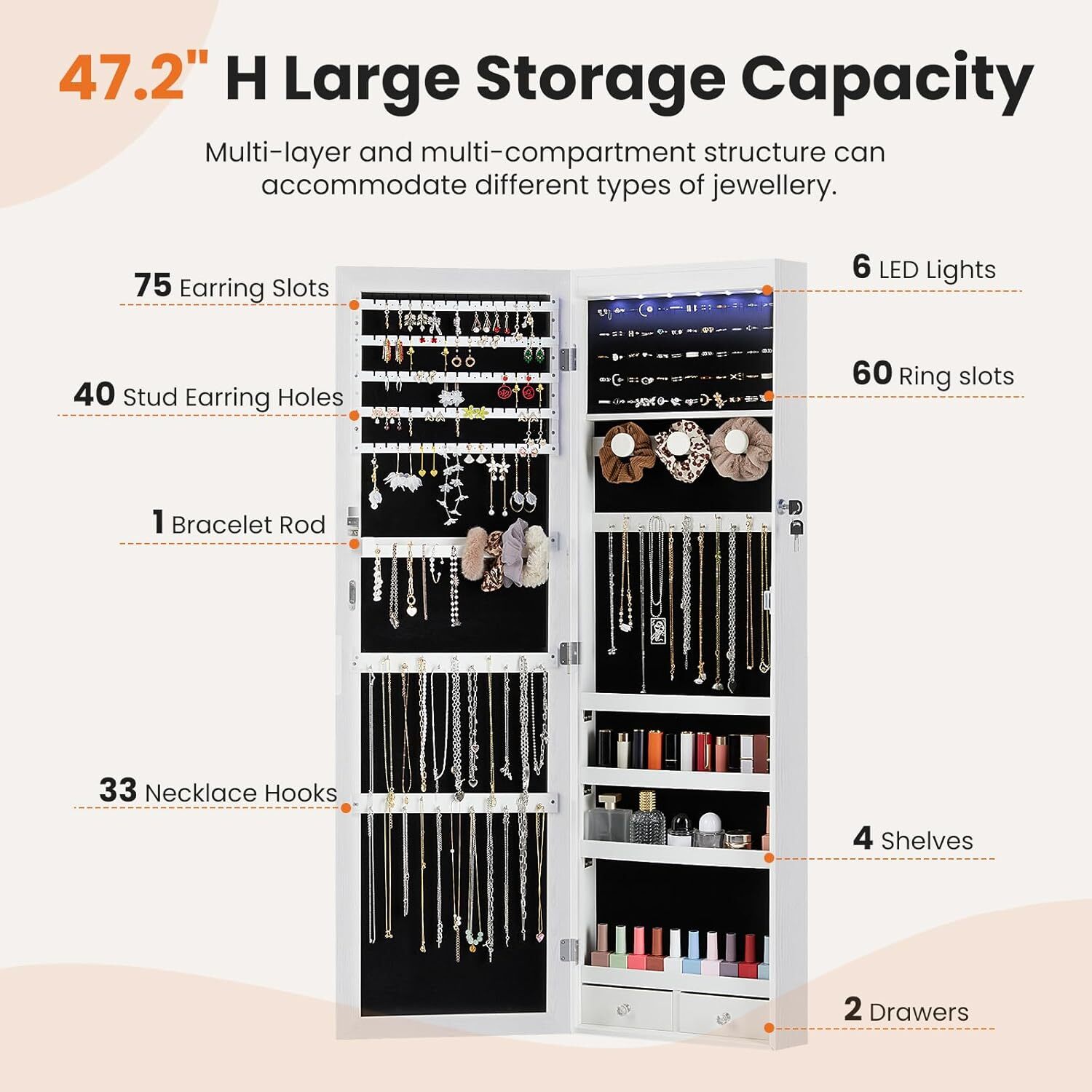 Full-Length Mirror Jewelry Cabinet Wall Door Mount Organizer Lockable Storage