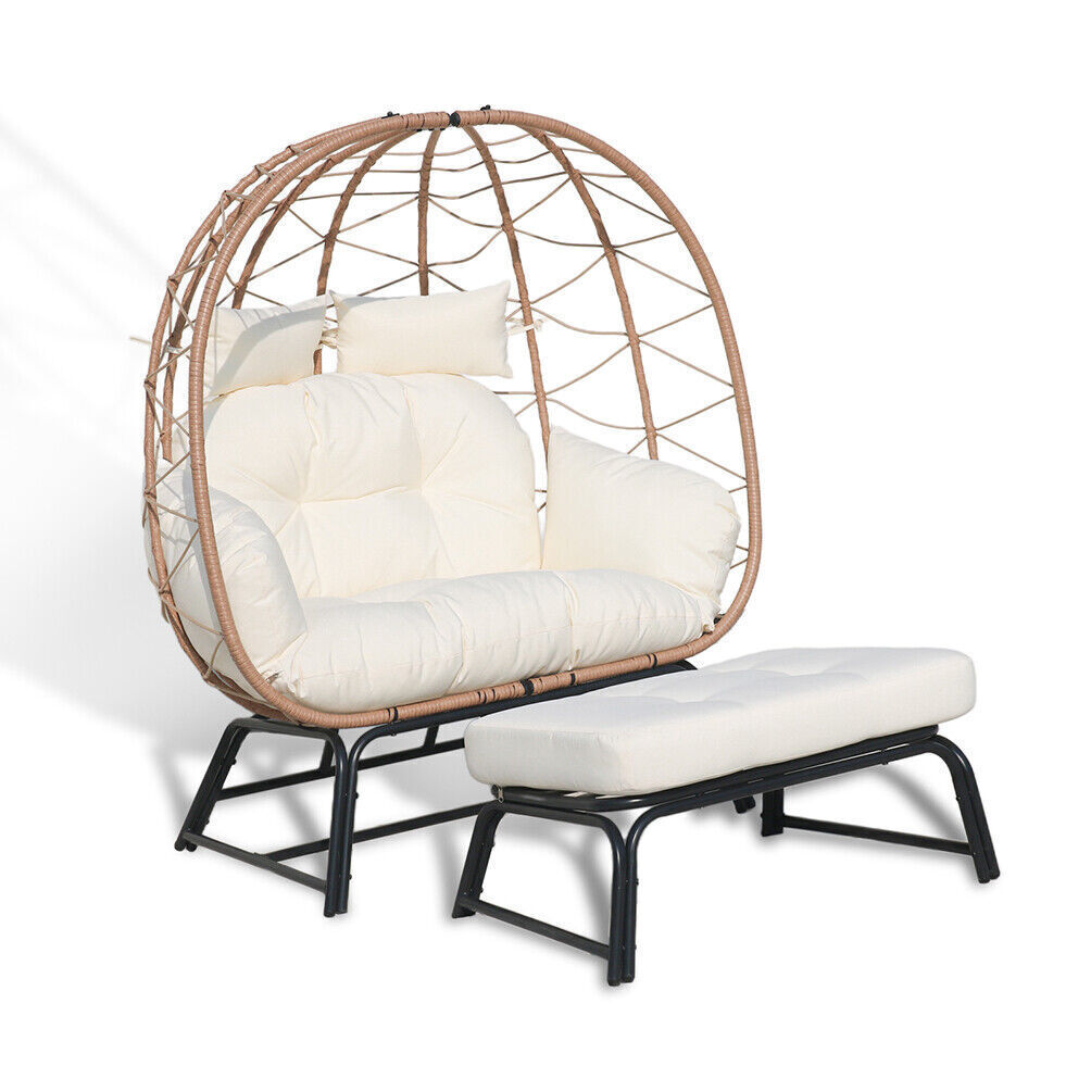 Wicker Egg Chair with Ottoman Outdoor Indoor Oversized Lounger Stand for Porch