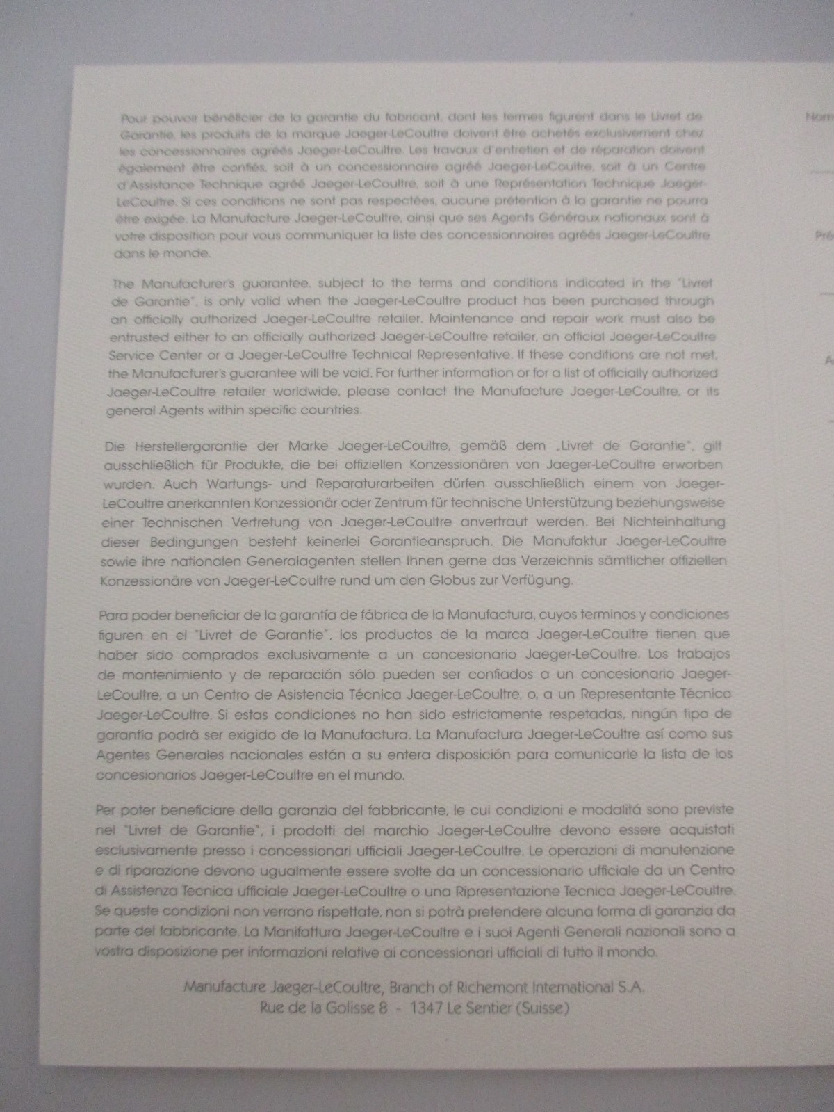 Jaeger-LeCoultre Retail Stamped Watch Certificat Garantie Guarantee Certificate